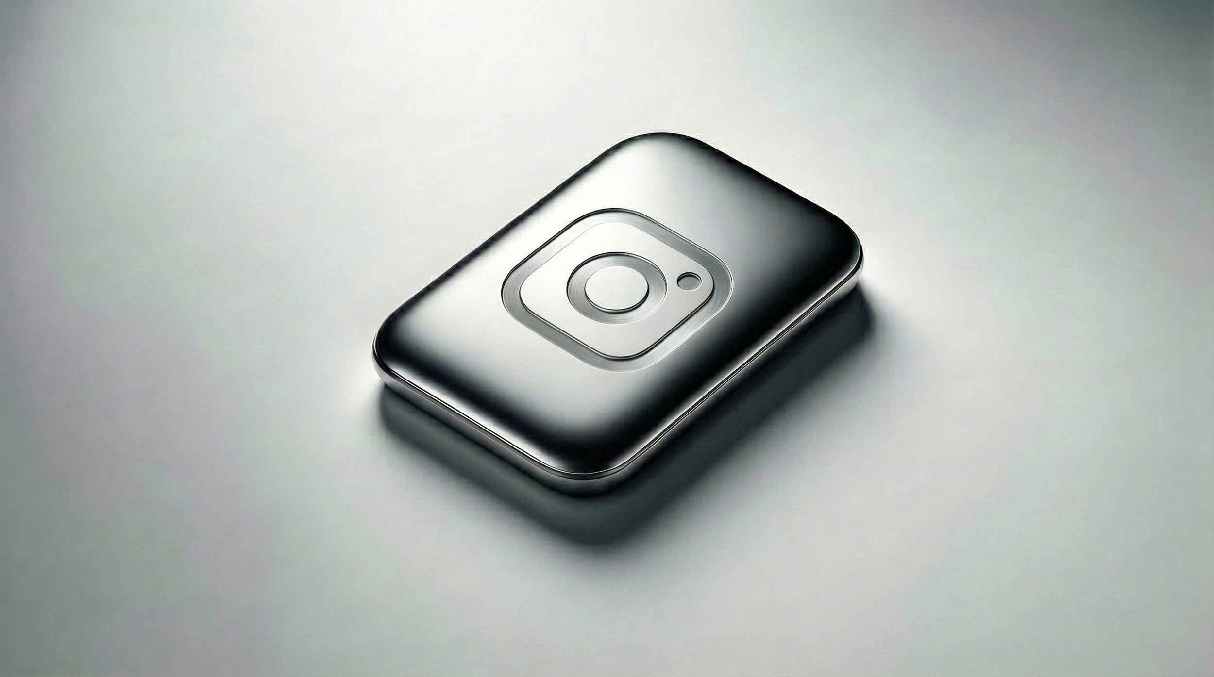 Dispositivo selfie de teléfono móvil con lente circular y forma rectangular, en color negro y plata, sobre fondo gris claro.