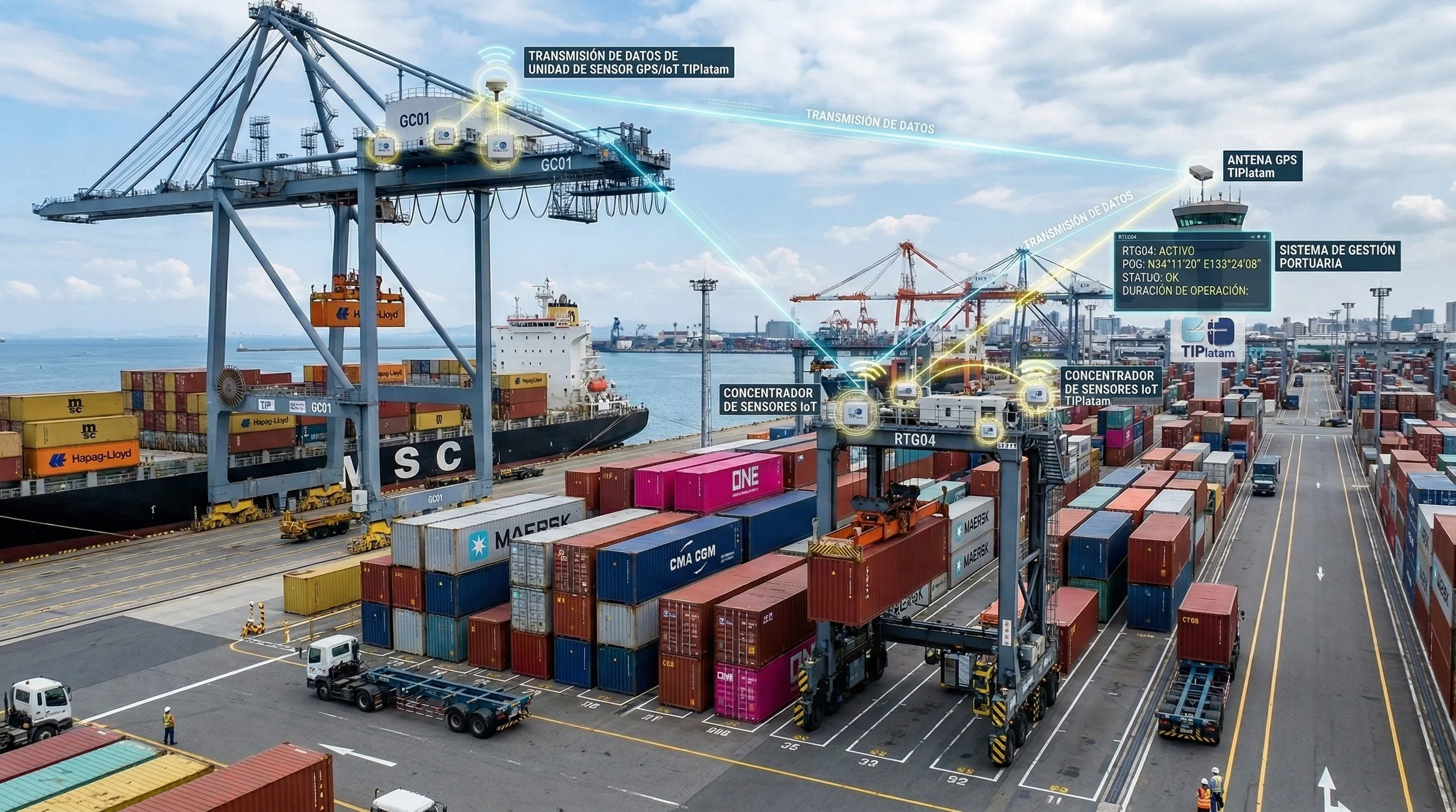 Área de carga en un puerto con contenedores y maquinaria de transporte, con indicaciones de sistemas de sensores IoT y transmisión de datos en el puerto.