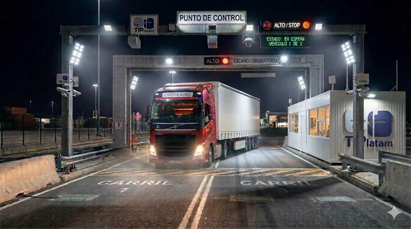 Camión de logística cruzando un punto de control en la noche, con señalizaciones y cámaras de vigilancia.