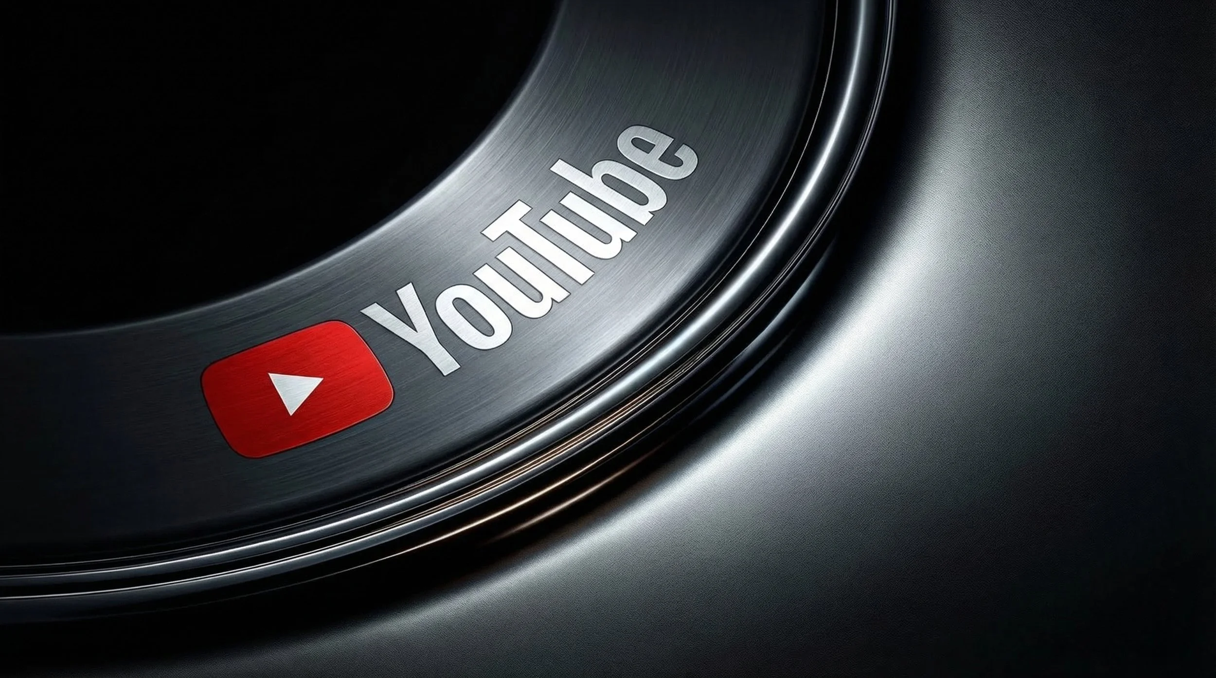 Botón de reproducción de YouTube con logo y texto en fondo metálico.