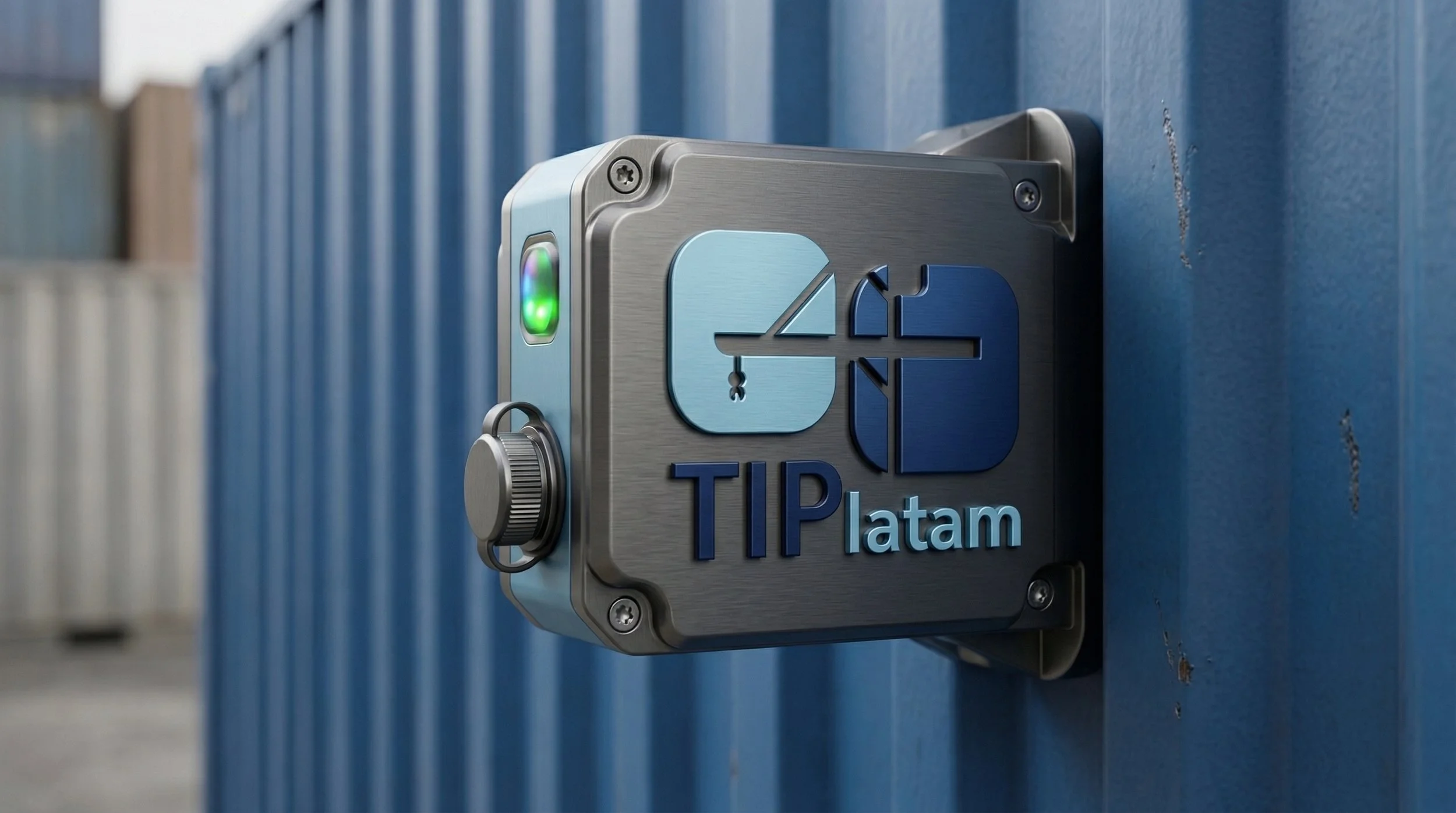 Dispositivo de seguridad con logotipo de TIPLATAM en una pared azul, con un control y luz verde encendida.