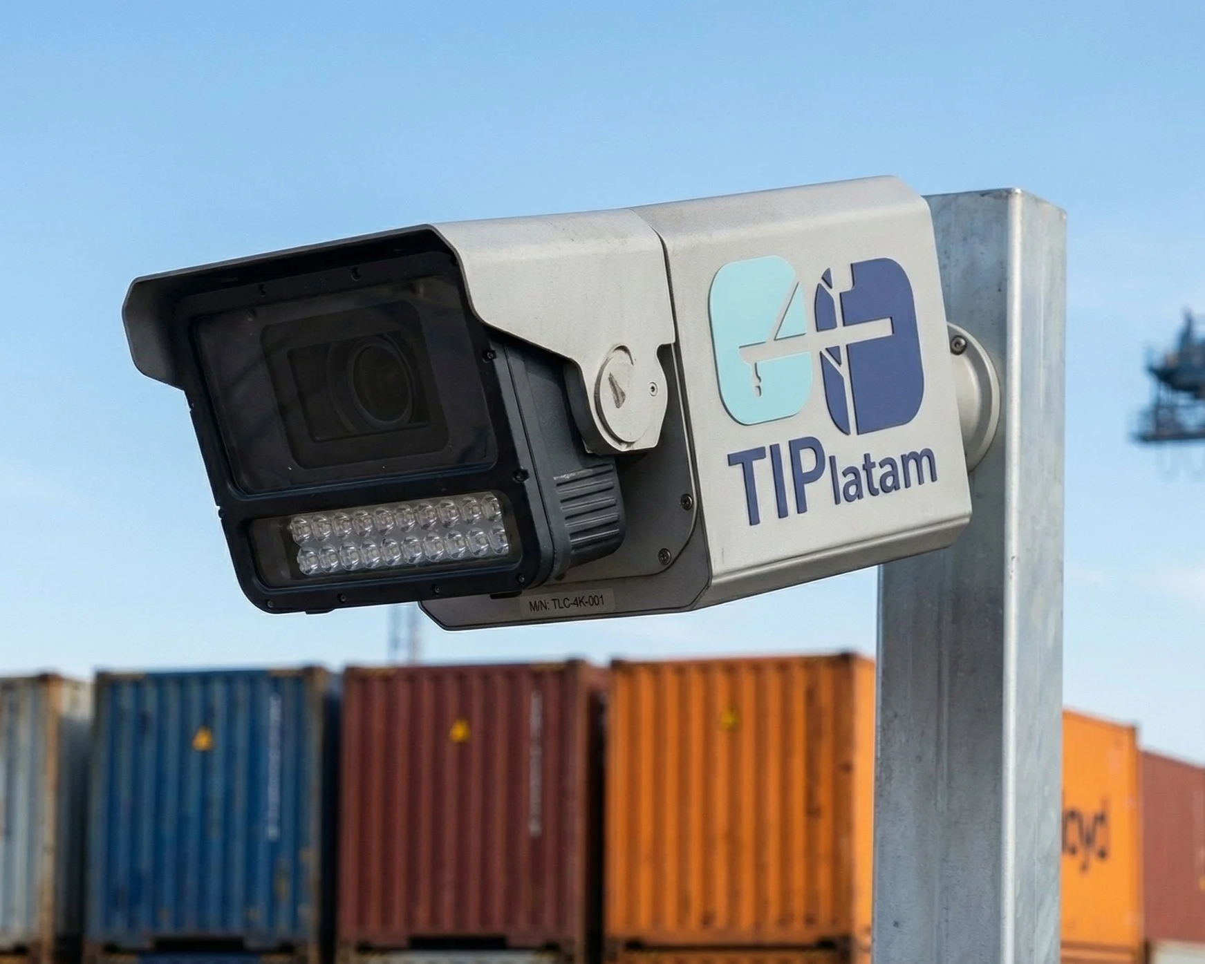 Cámara de videovigilancia en una estructura de metal en un puerto, con varias cajas de carga de diferentes colores en el fondo y cielo despejado.