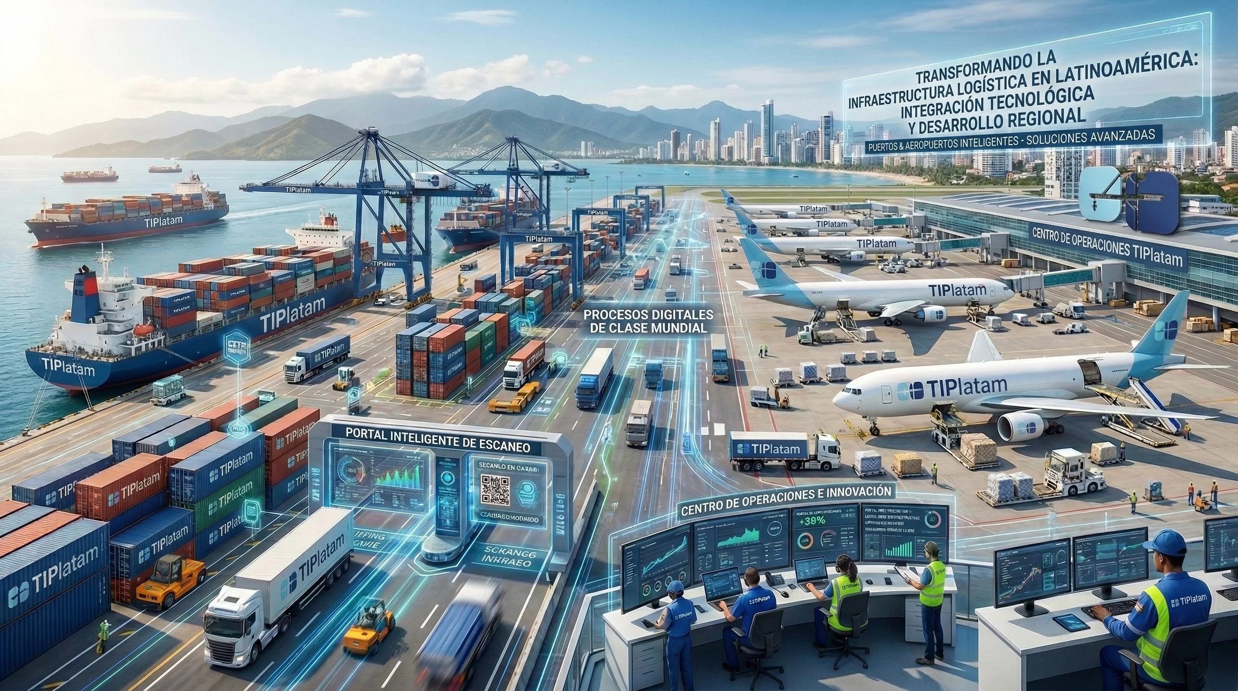 Vista de un puerto con barcos, aviones y camiones de carga, con gráficos digitales y personal controlando operaciones logísticas en la región.