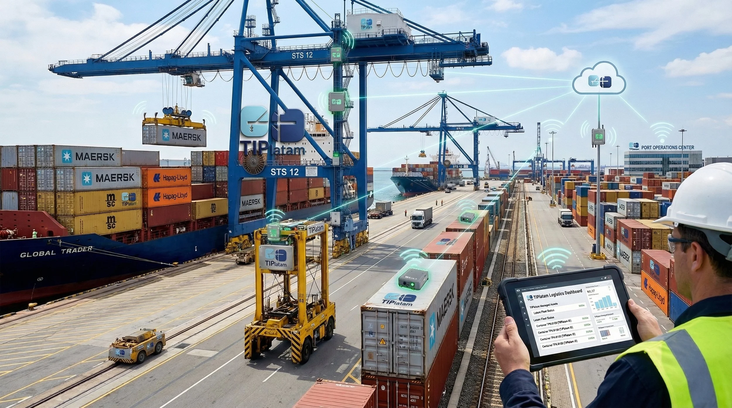 Vista de un puerto marítimo con contenedores y grúas, con tecnología de sensores y monitoreo digital, y un trabajador con casco y gafas que usa una tableta para gestionar operaciones portuarias.