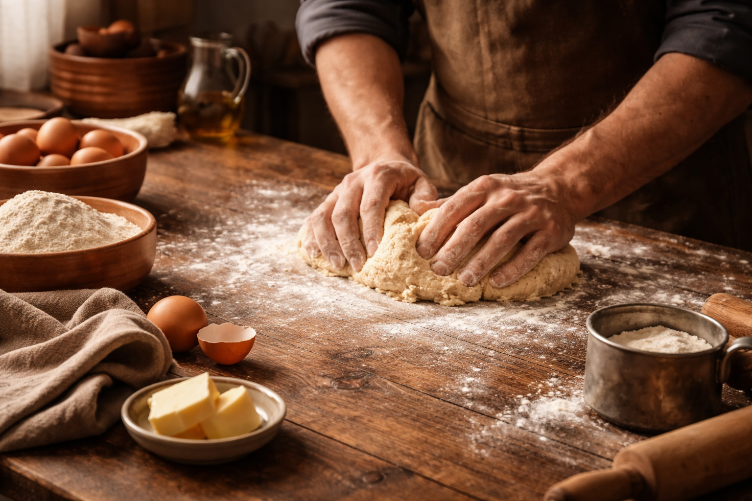 Person kneading dough on a rustic wooden table surrounded by eggs, flour, butter, and baking utensils in a cozy kitchen.