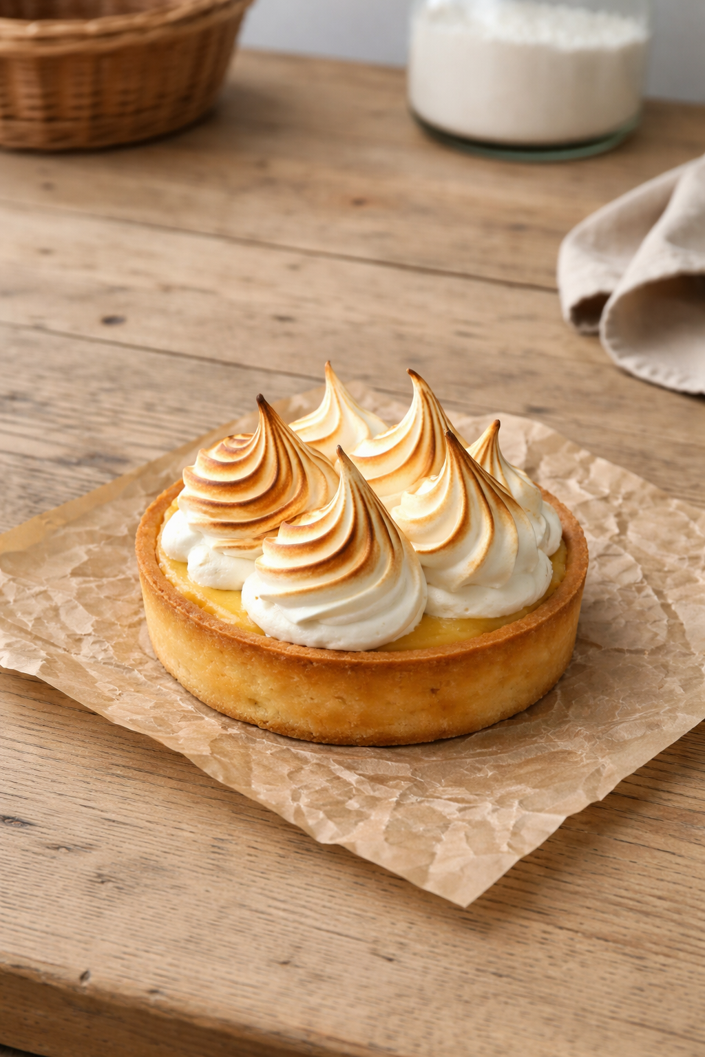 Lemon meringue tart with toasted meringue peaks on a piece of parchment paper on a wooden surface.