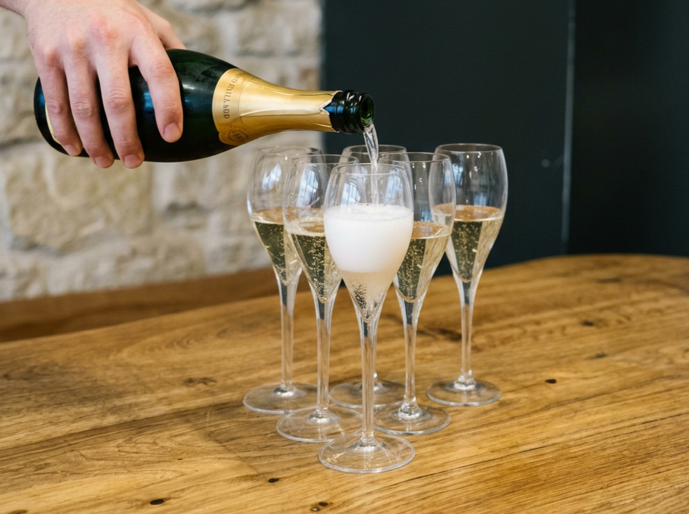 Person pouring champagne into a flute glass, with several other filled champagne flutes on a wooden table