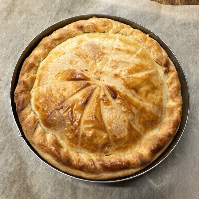 A golden-brown veggie tourte with a braided crust edge on a round silver tart pan.