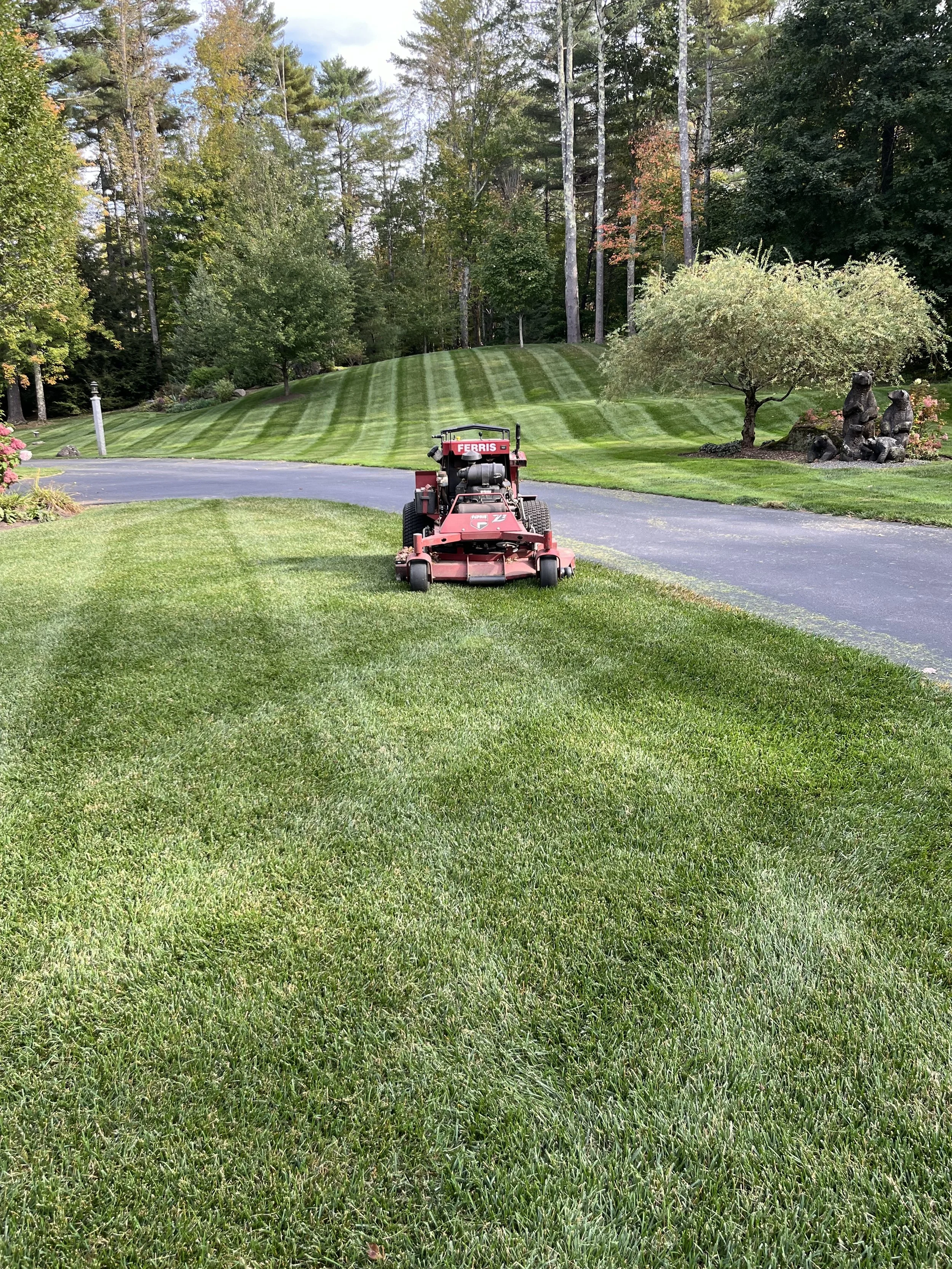 A red lawn mower on a well-manicured grass lawn in a residential yard with trees and shrubs in the background.