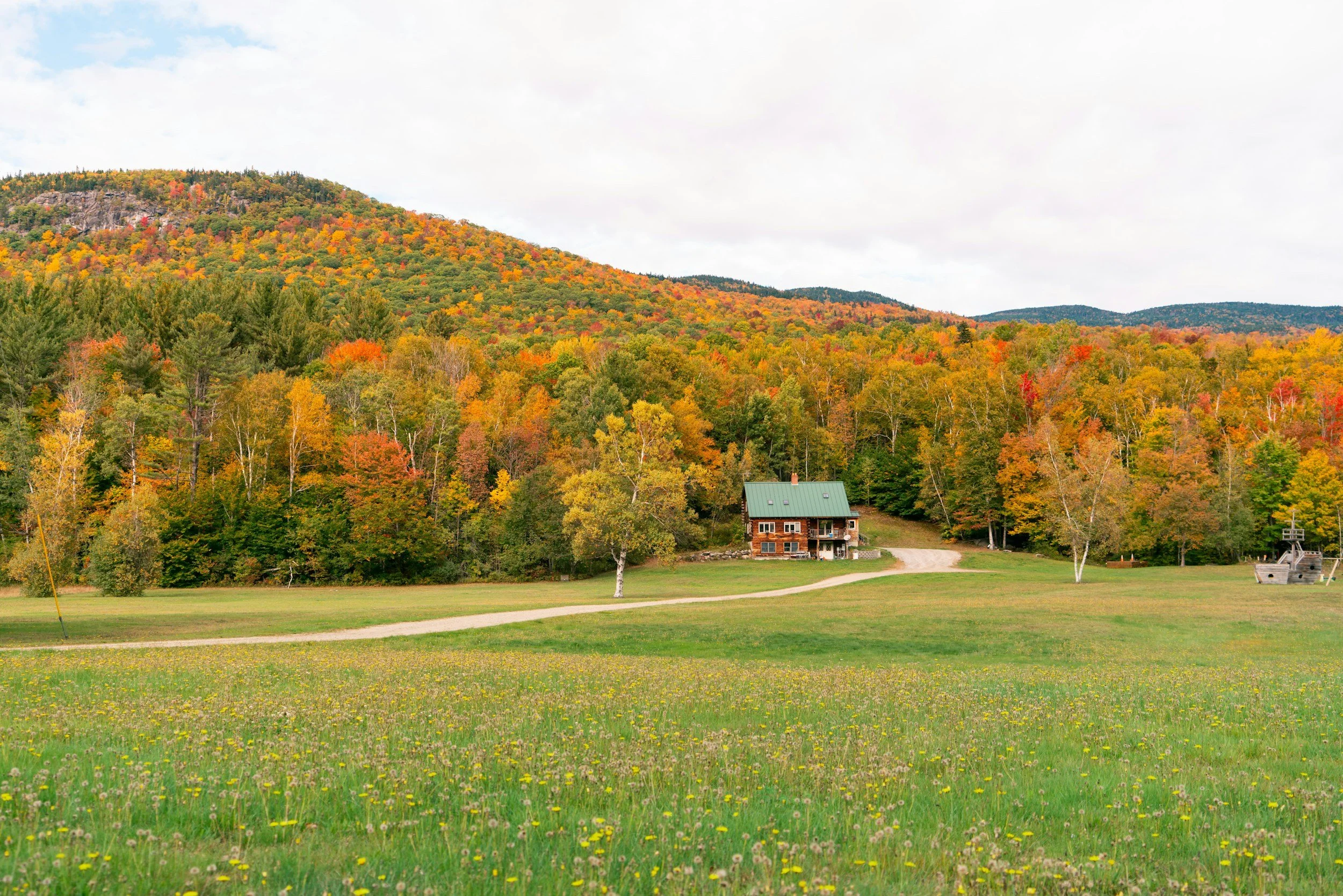 A house with a green roof located on a grassy hill, surrounded by colorful autumn trees and mountains in the background.