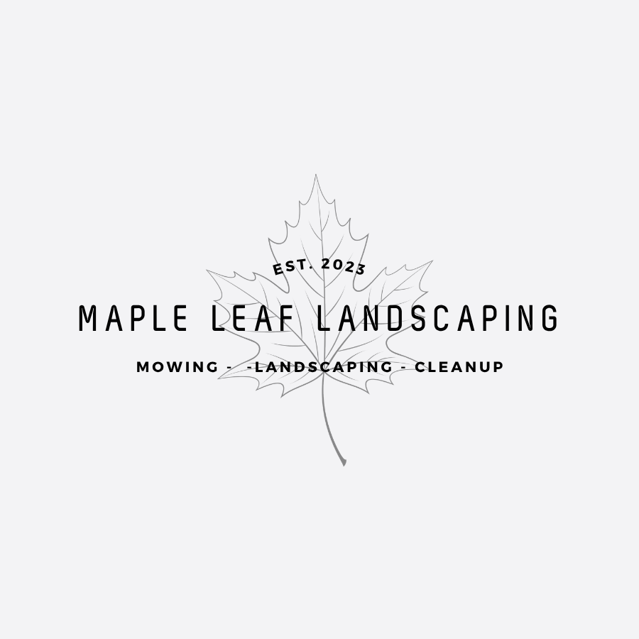A logo for Maple Leaf Landscaping featuring a line drawing of a maple leaf with the text "Est. 2023" at the top, "Maple Leaf Landscaping" in the center, and "Mowing, Landscaping, Cleanup" at the bottom.
