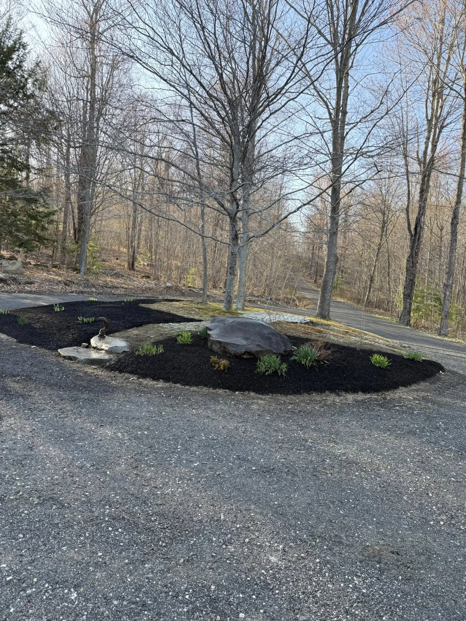 A landscaped area with a large rock, small plants, and a fountain in a park or yard, surrounded by leafless trees and a gravel pathway.