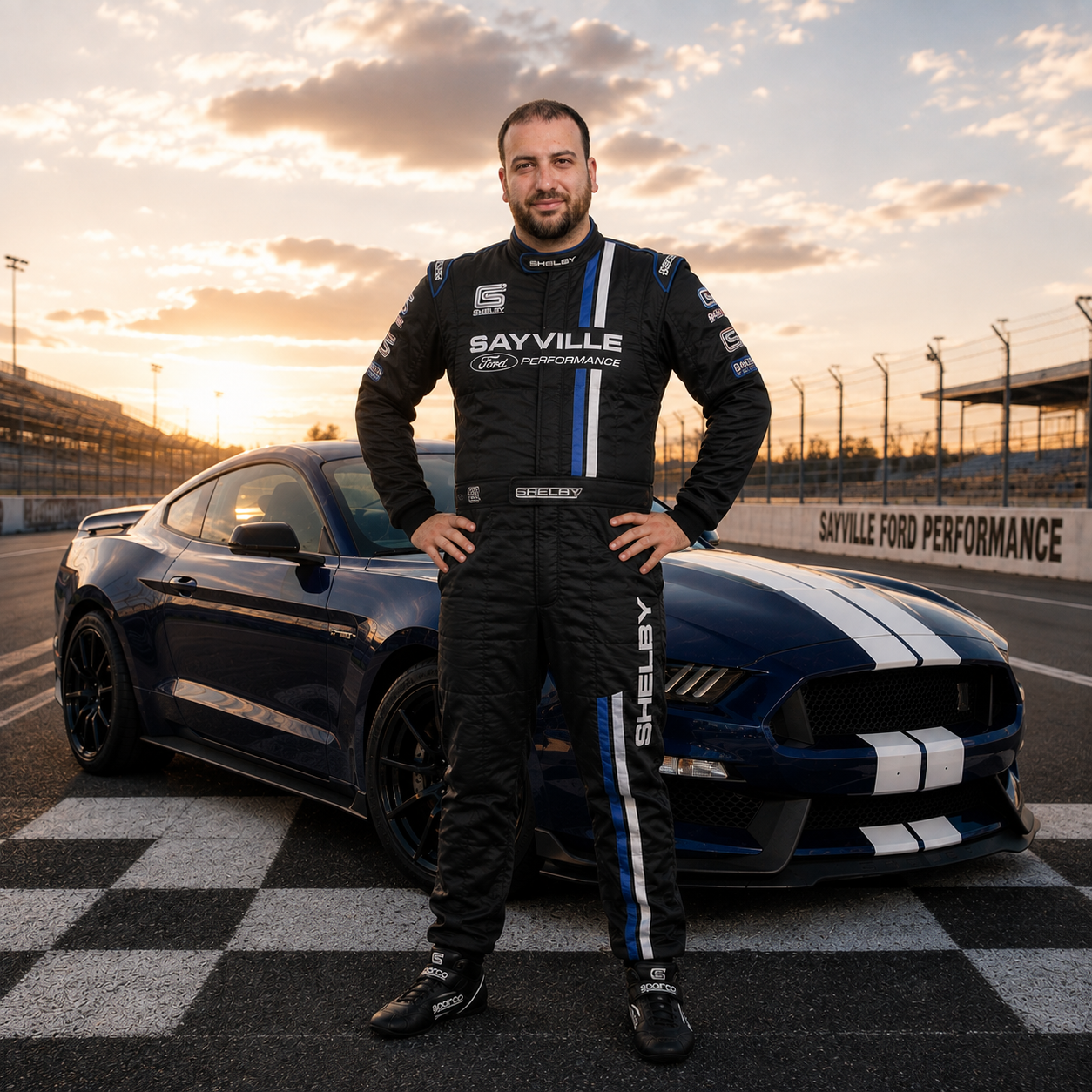 A person wearing a racing suit with sponsor logos sits on a throne made of exhaust pipes, wearing a crown. Checkered flags are in the background, with two sports cars driving nearby.