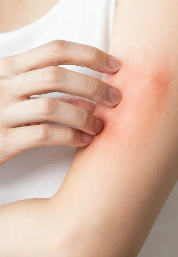 Person kratzt gerötete, empfindliche Haut am Arm bei Hautirritation oder Allergie.