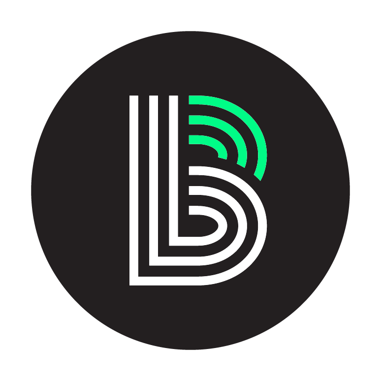 Black circular background with a stylized white and green logo resembling the letter B.