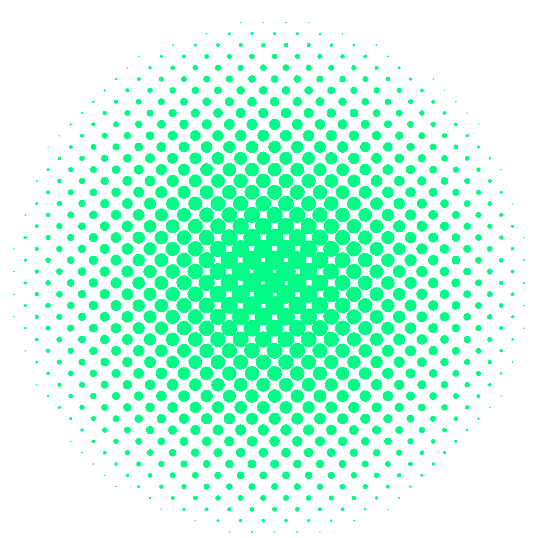 A pattern of green dots arranged in concentric circles on a transparent background, creating a gradient effect with larger dots in the center and smaller dots towards the edges.