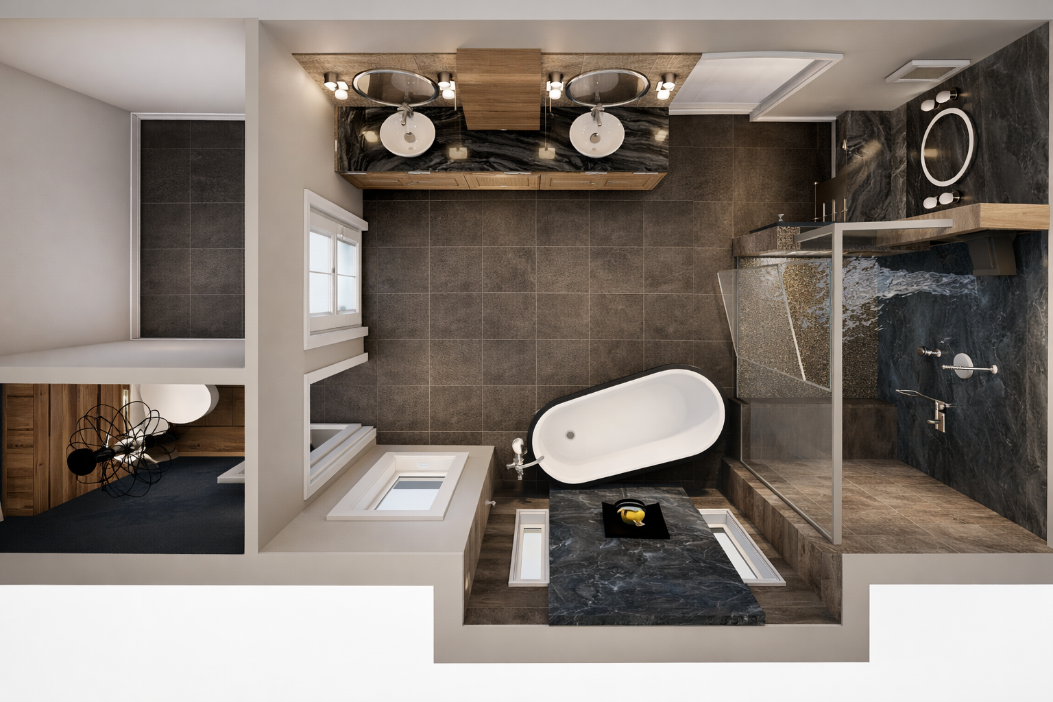 Top-down view of a modern bathroom with a bathtub, shower area, double sink vanity, and small windows for natural light.