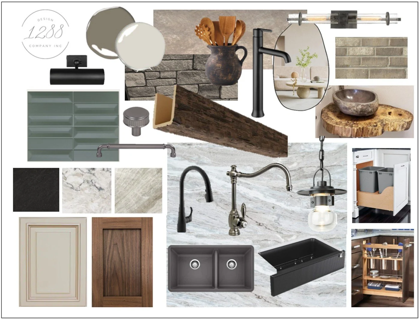 A collage of kitchen and bathroom interior design materials and fixtures, including sinks, faucets, cabinets, backsplash tiles, lighting, and decorative accessories.