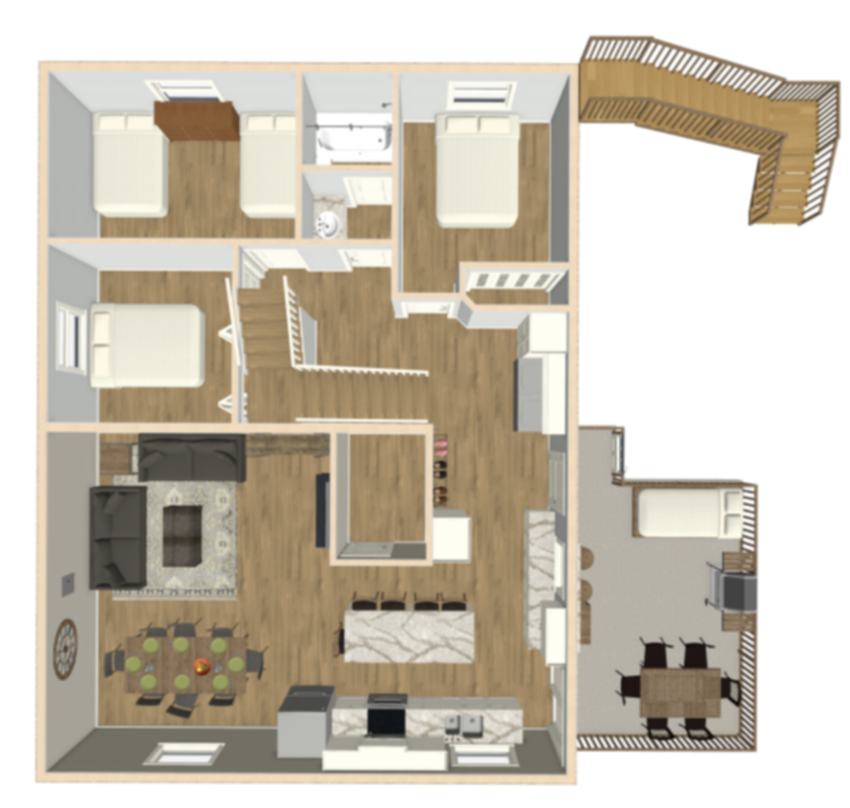 A 3D floor plan of a house showing various rooms, including bedrooms, bathrooms, a living room, kitchen, dining area, and outdoor deck.