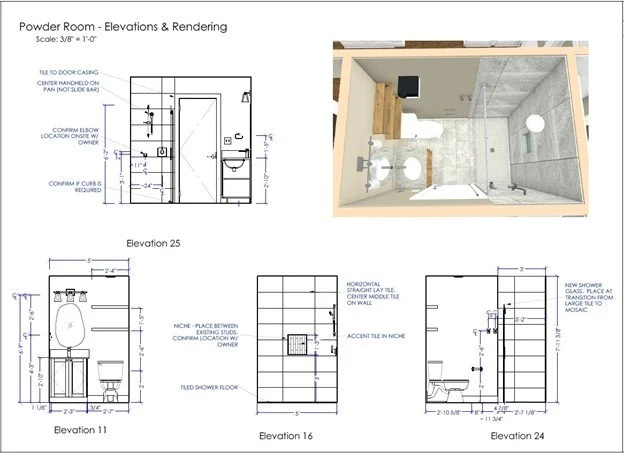 Architectural drawings and 3D rendering of a powder room bathroom, including elevation views, tiled shower floor, new shower configuration, and shower glass installation details.