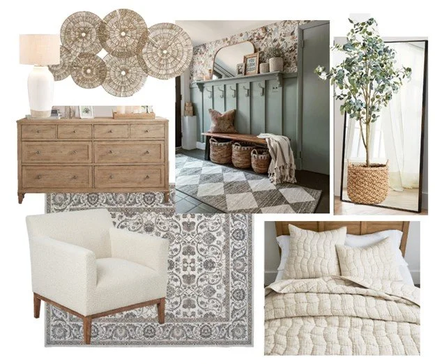 Living room and bedroom decor with neutral tones, wooden furniture, patterned rugs, a green wainscoped wall with hooks and baskets, a tall potted plant, a cream upholstered armchair, and a quilted bed with matching pillows.