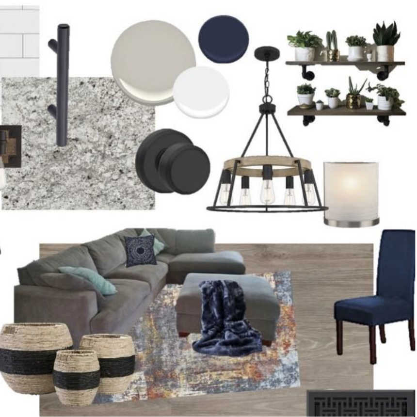 Arrangement of home interior decor items including color samples, a black wall hook, a hanging light fixture with exposed bulbs, two shelving units with potted plants, a table lamp, and a cozy living room with a sectional sofa, pillows, a patterned rug, a blue chair, and woven baskets.