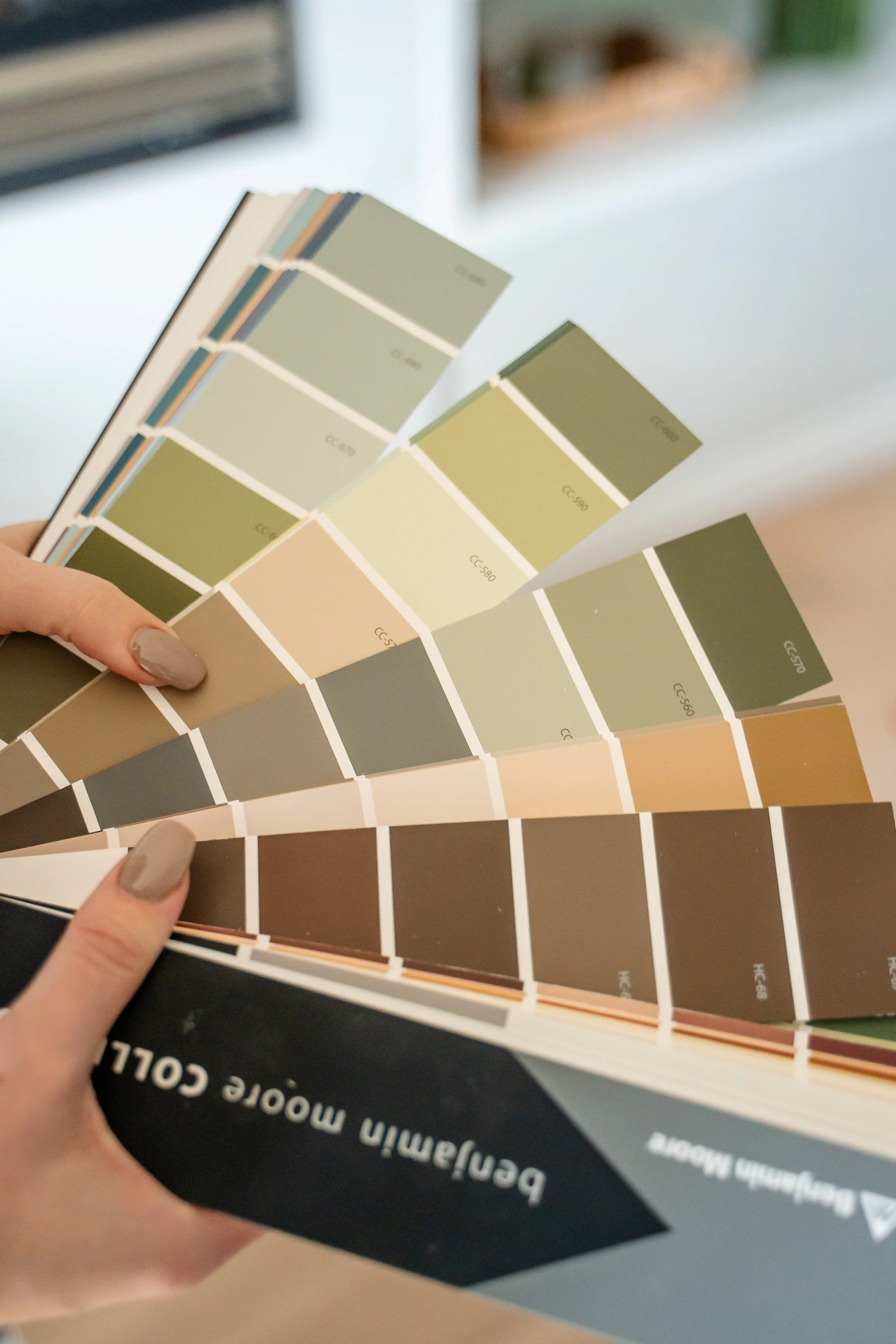 Person holding Benjamin Moore paint color sample fan deck in neutral earth tones.
