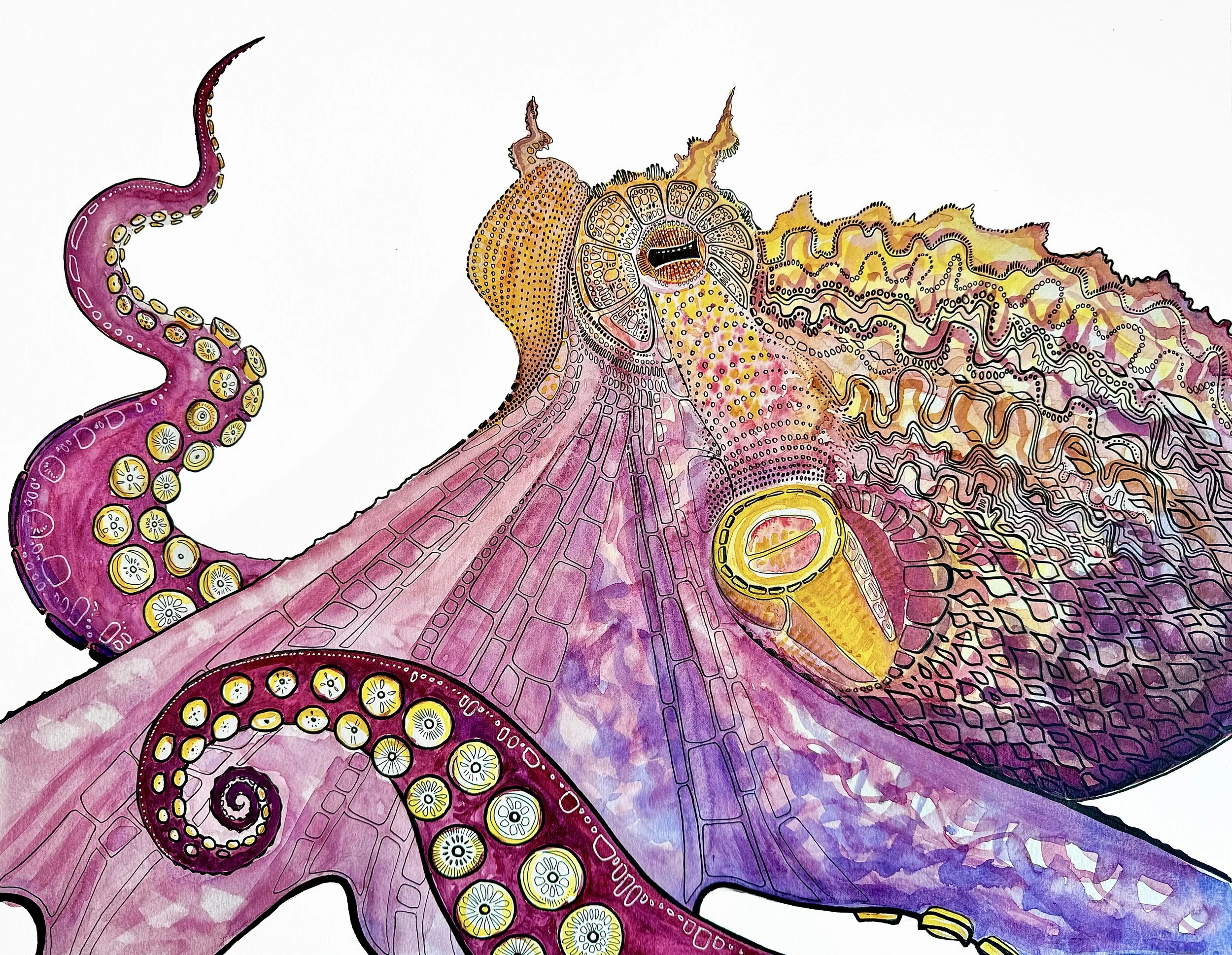 Octopus Secrets - Day Octopus (16x20" original watercolor painting)