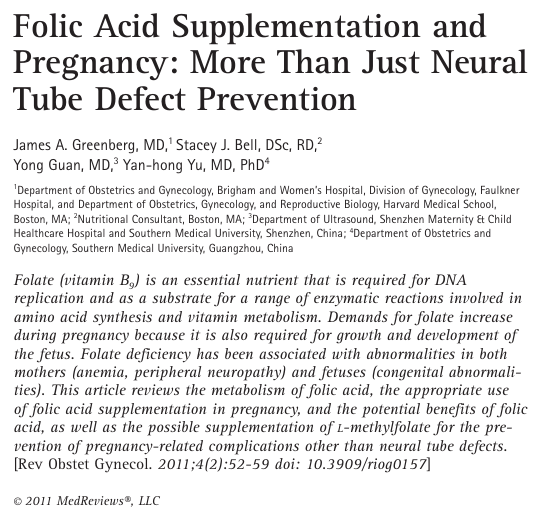 Folic Acid Supplementation and Pregnancy: More Than Just Neural Tube Defect Prevention