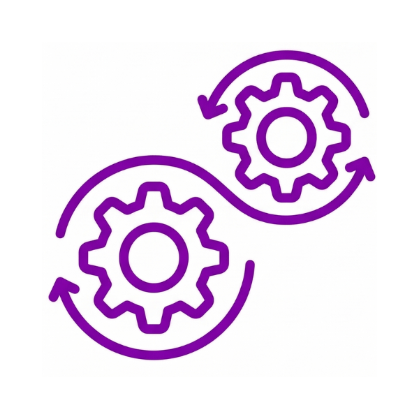 Icon of two purple gears connected with arrows indicating a cycle or process.