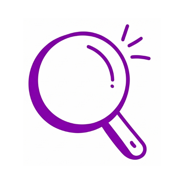Purple magnifying glass icon with lines indicating emphasis, on a white background.