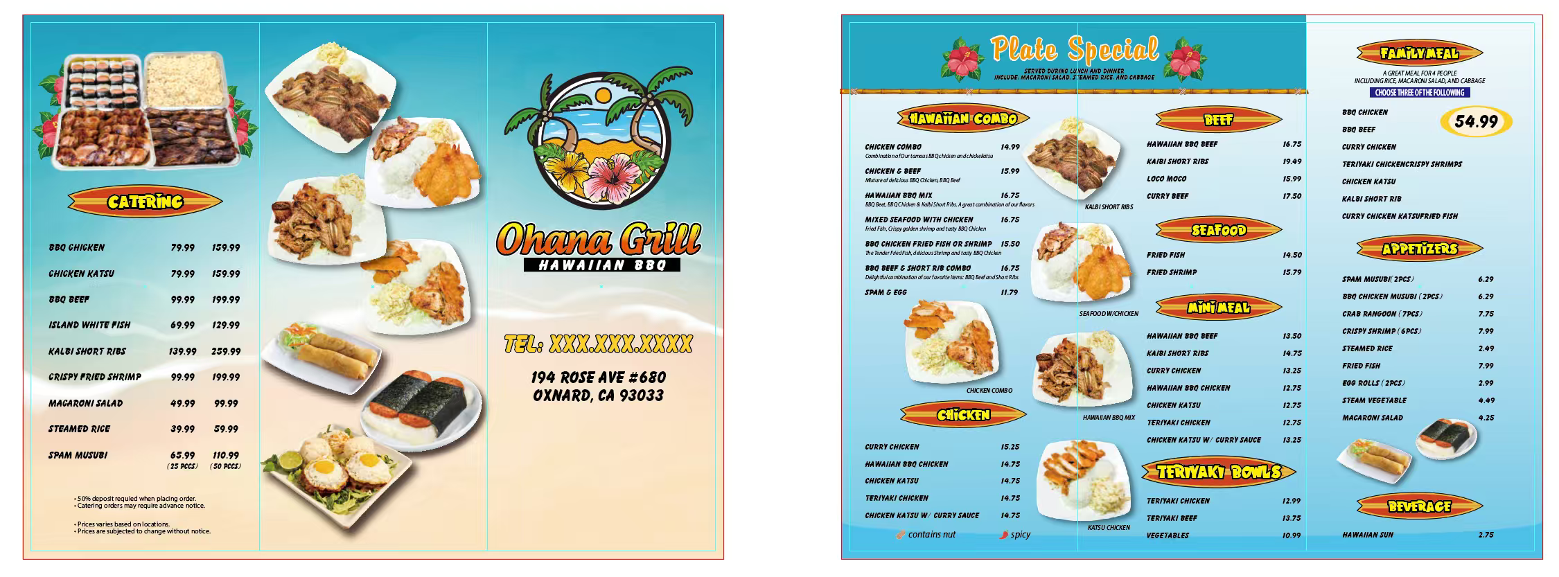 Colorful menu displaying Hawaiian BBQ restaurant offerings, including plates, appetizers, mini meals, seafood, chicken, Teriyaki Bowls, beverages, catering, and contact information, with images of sushi, grilled chicken, rice, and other dishes.
