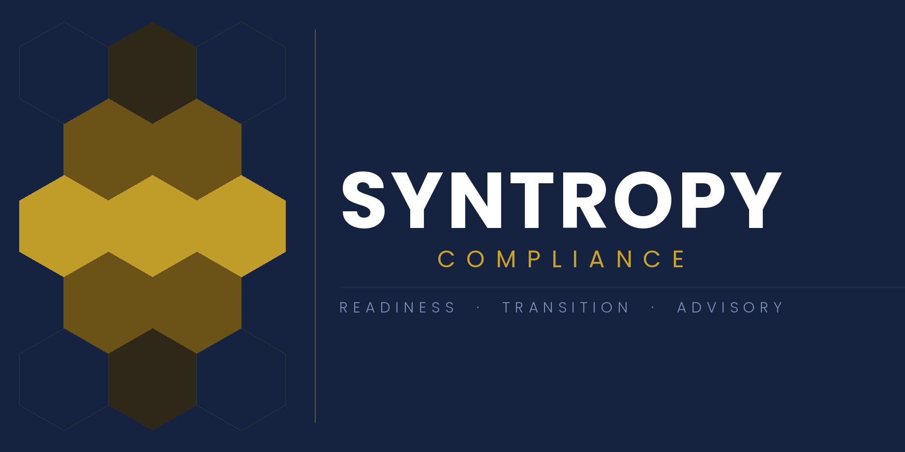 Syntropy Compliance logo with a honeycomb pattern on the left and text on the right that reads 'Syntropy Compliance', with the words 'Readiness', 'Transition', and 'Advisory' underneath.