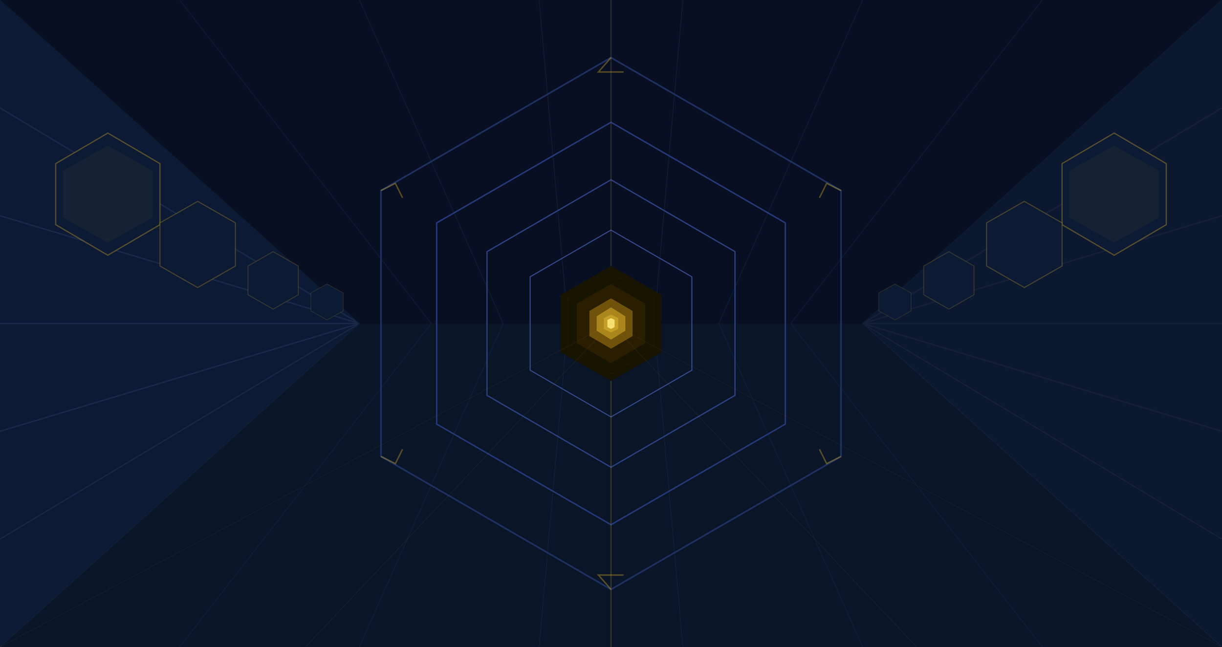 A digital geometric design featuring concentric hexagons with a glowing center and lines radiating outward against a dark blue background.