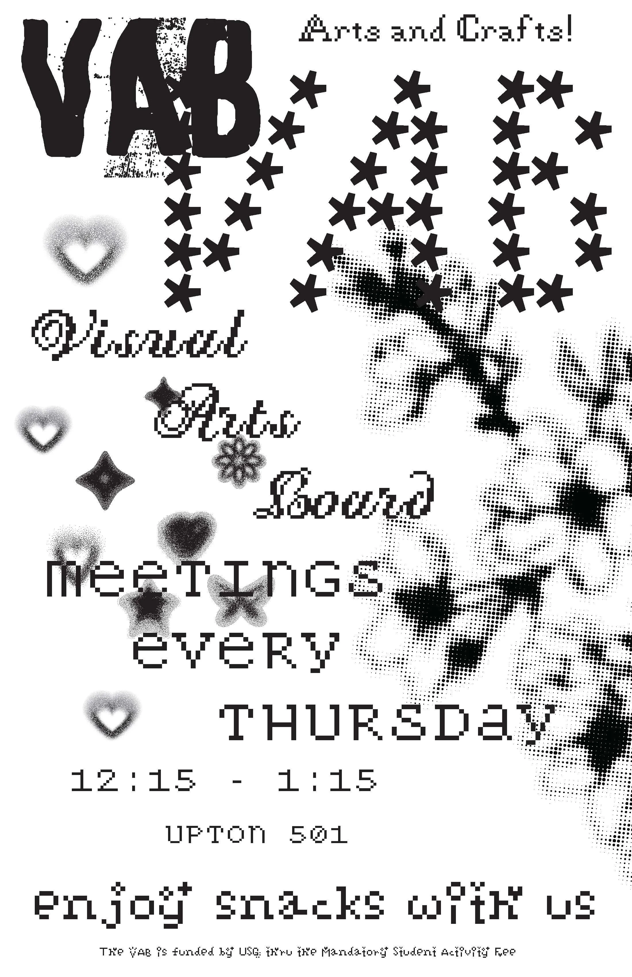 Flyer for Buffalo State VAB club meetings, featuring experimental typography.