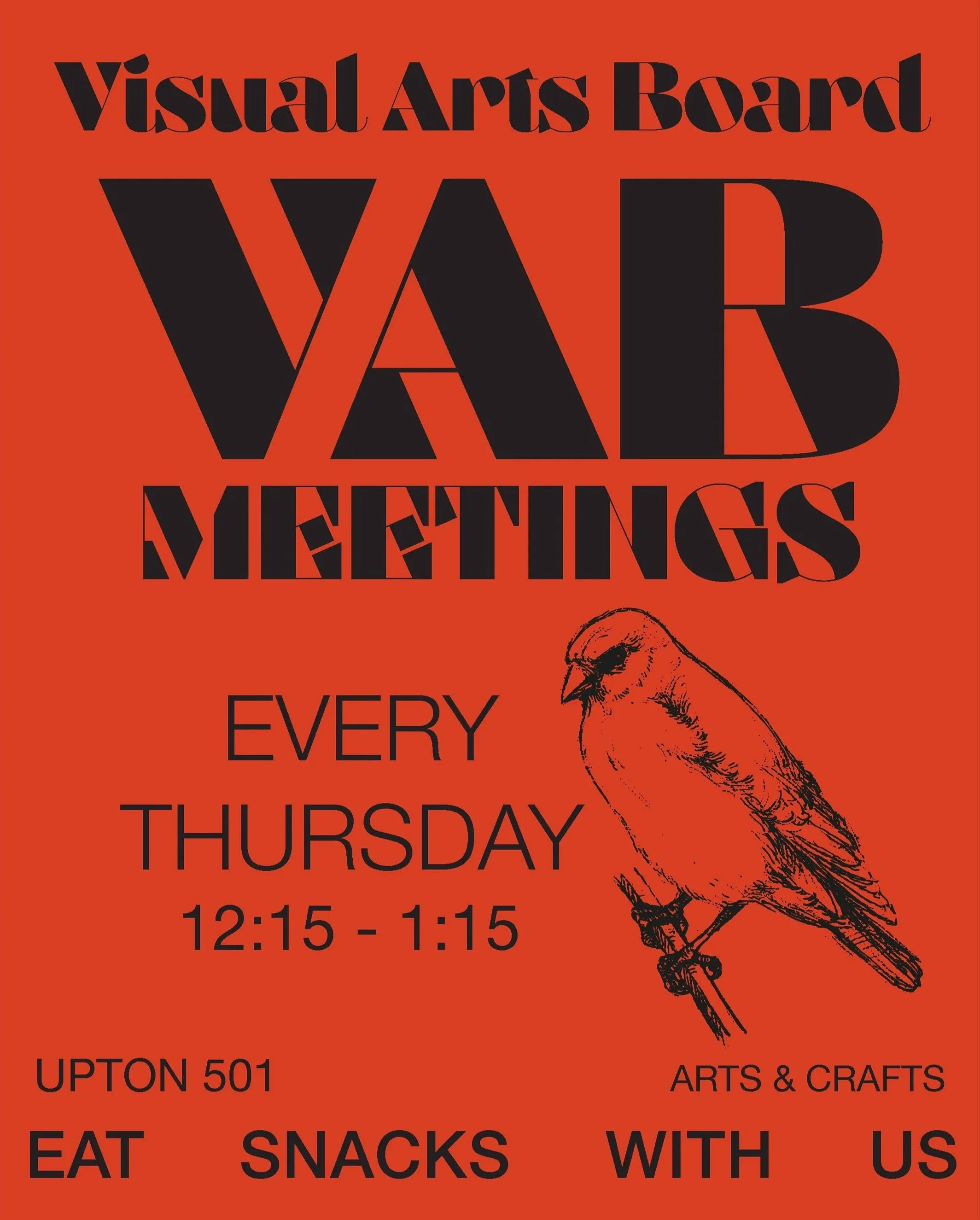 Flyer to promote Buffalo State University VAB club meetings, featuring bold text, a bird, on a red background.