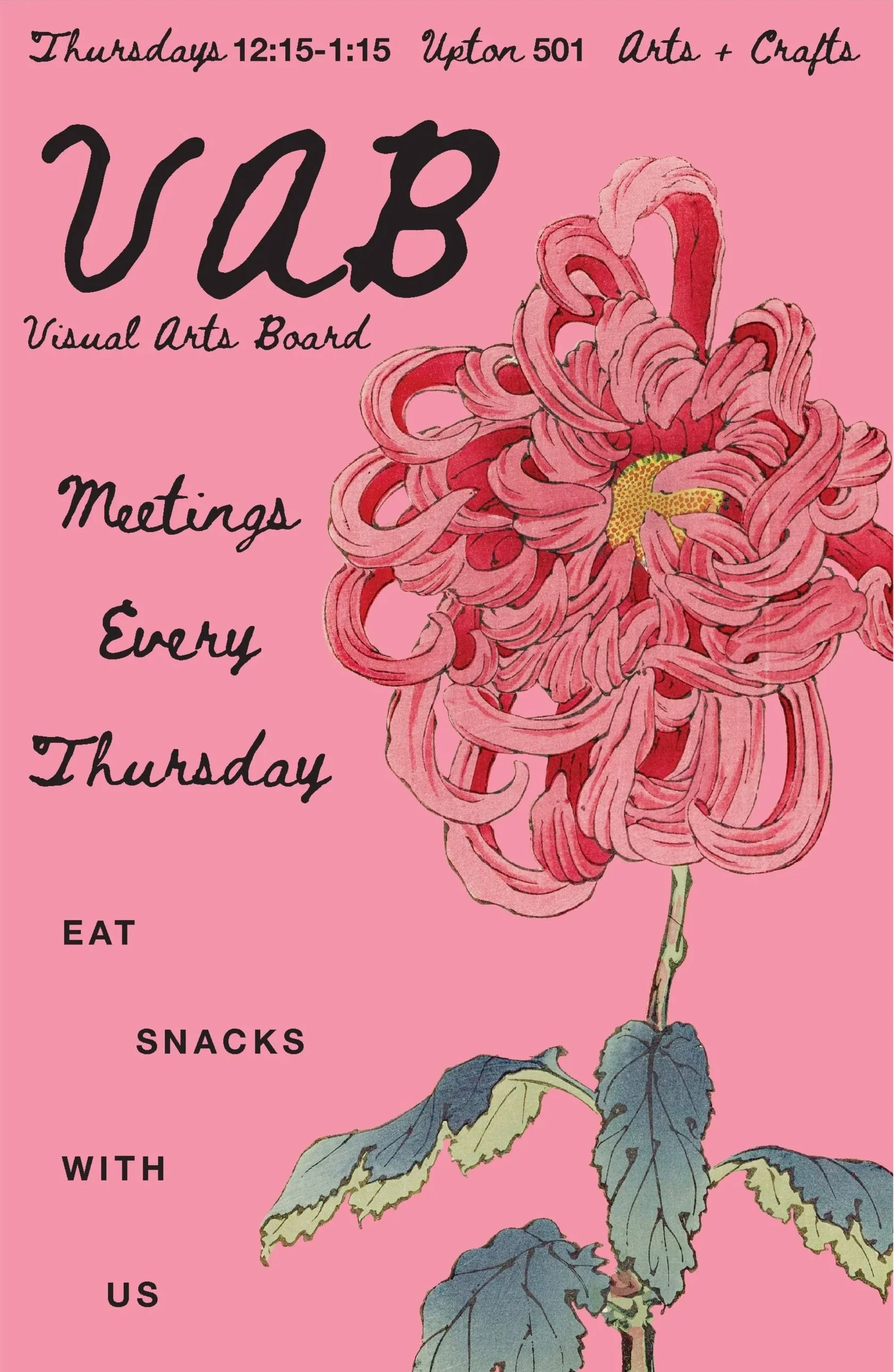 Flyer to promote Buffalo State University VAB club meetings, featuring a Hasegawa chrysanthemum flower on a pink background.