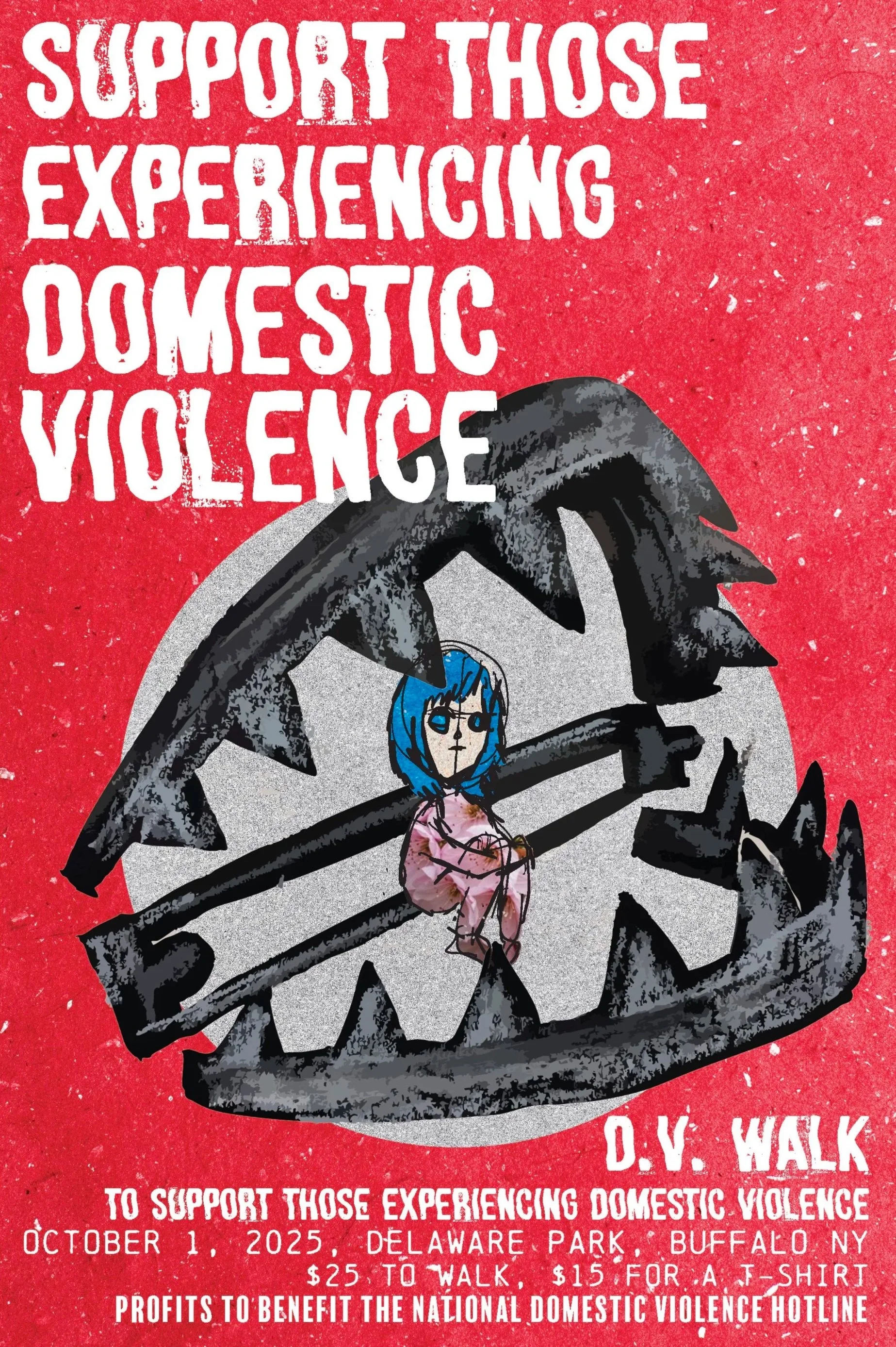 Flyer to raise awareness for domestic violence, featuring a girl sitting in a bear trap.