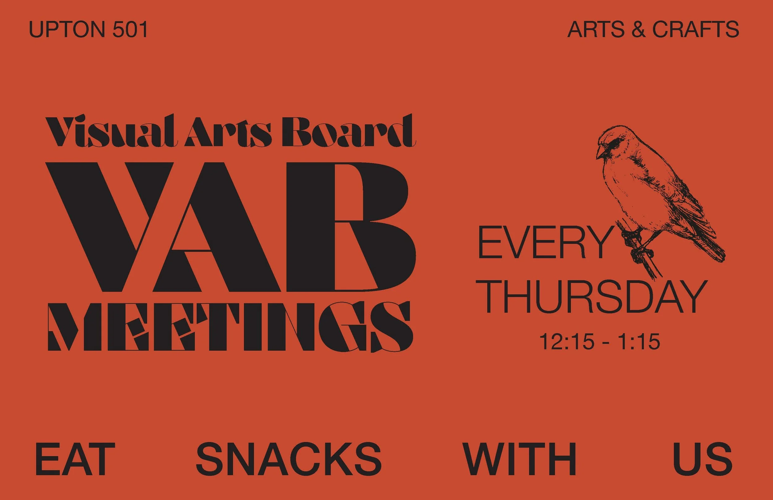 Flyer for Buffalo State VAB club meetings, featuring bold text on a red background.