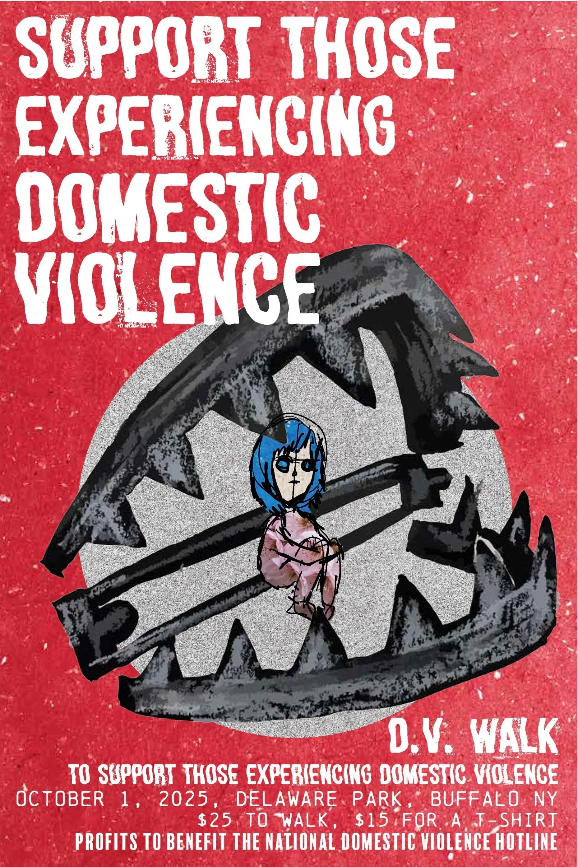Flyer designed to raise awareness for domestic violence, featuring a girl sitting in a bear trap.