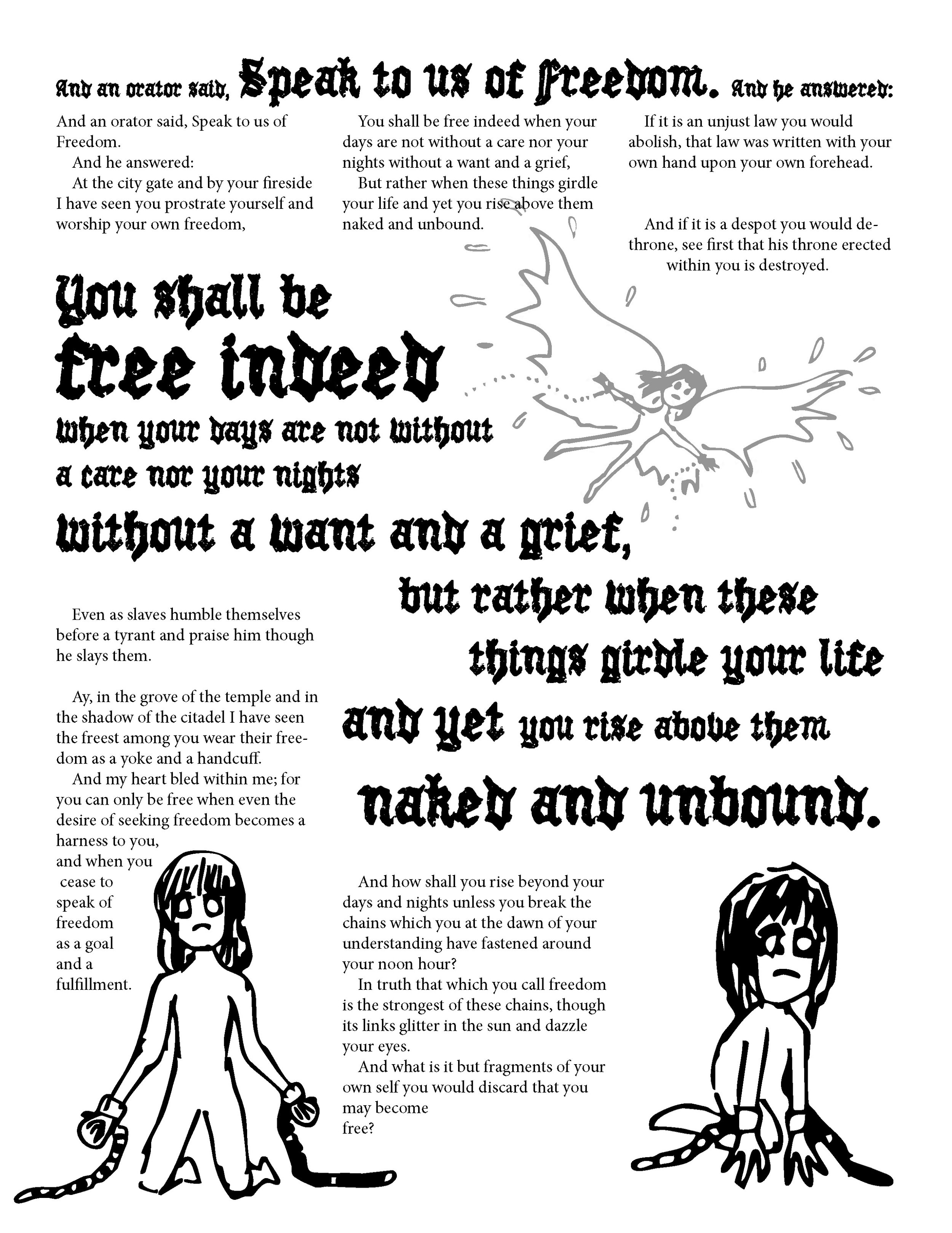 Typeset excerpt from Kahlil Gibran's The Prophet, featuring hand-drawn illustrations of a girl in chains.