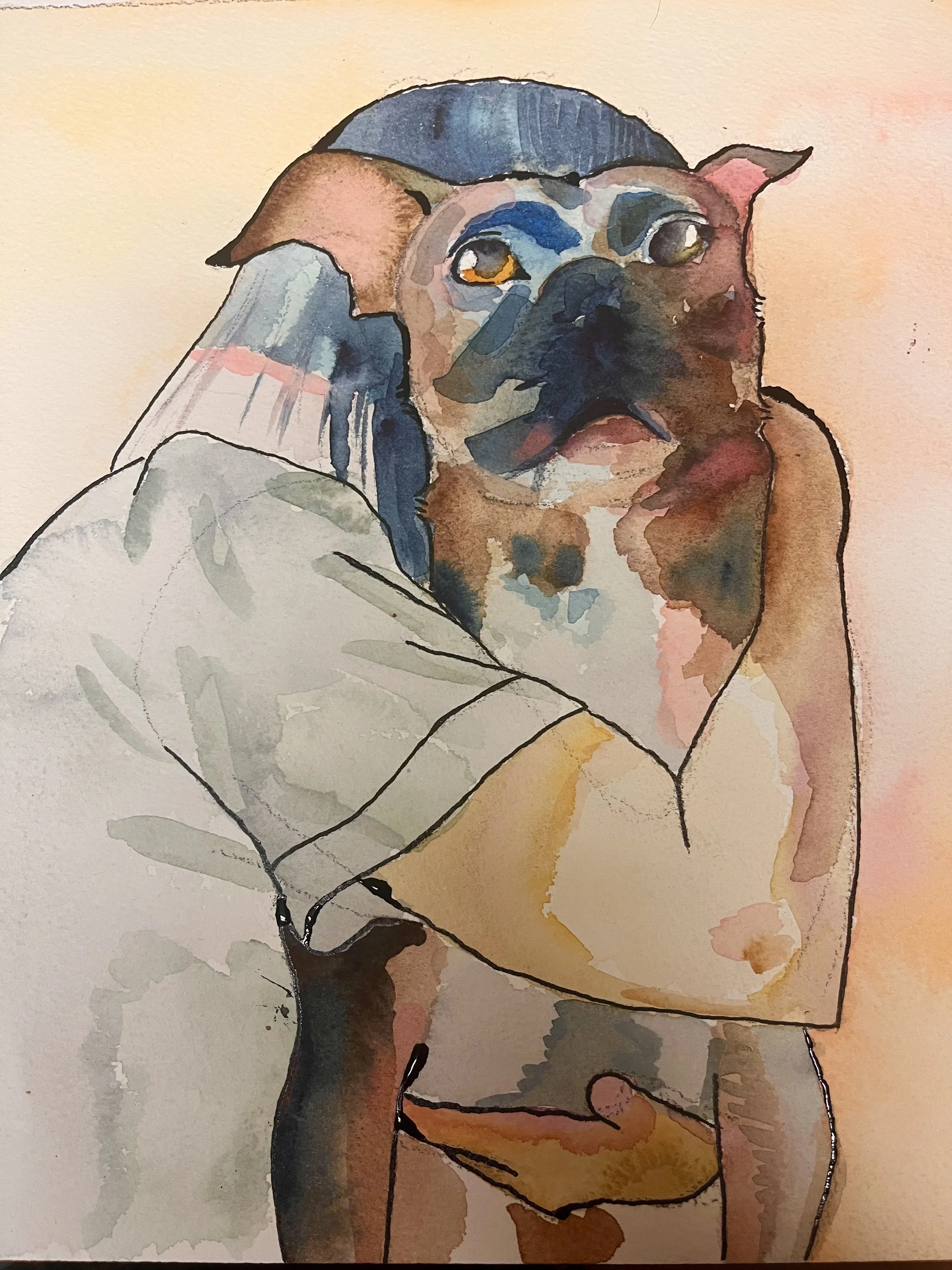 Watercolor painting of a girl holding a pitbull labrador dog.