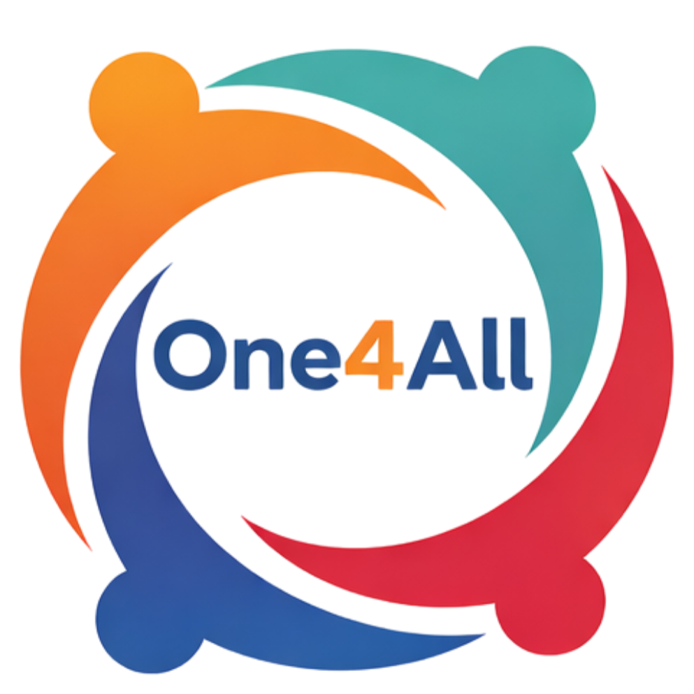 Logo with interconnected colorful abstract human figures encircling the text "One 4 All" in blue and orange.