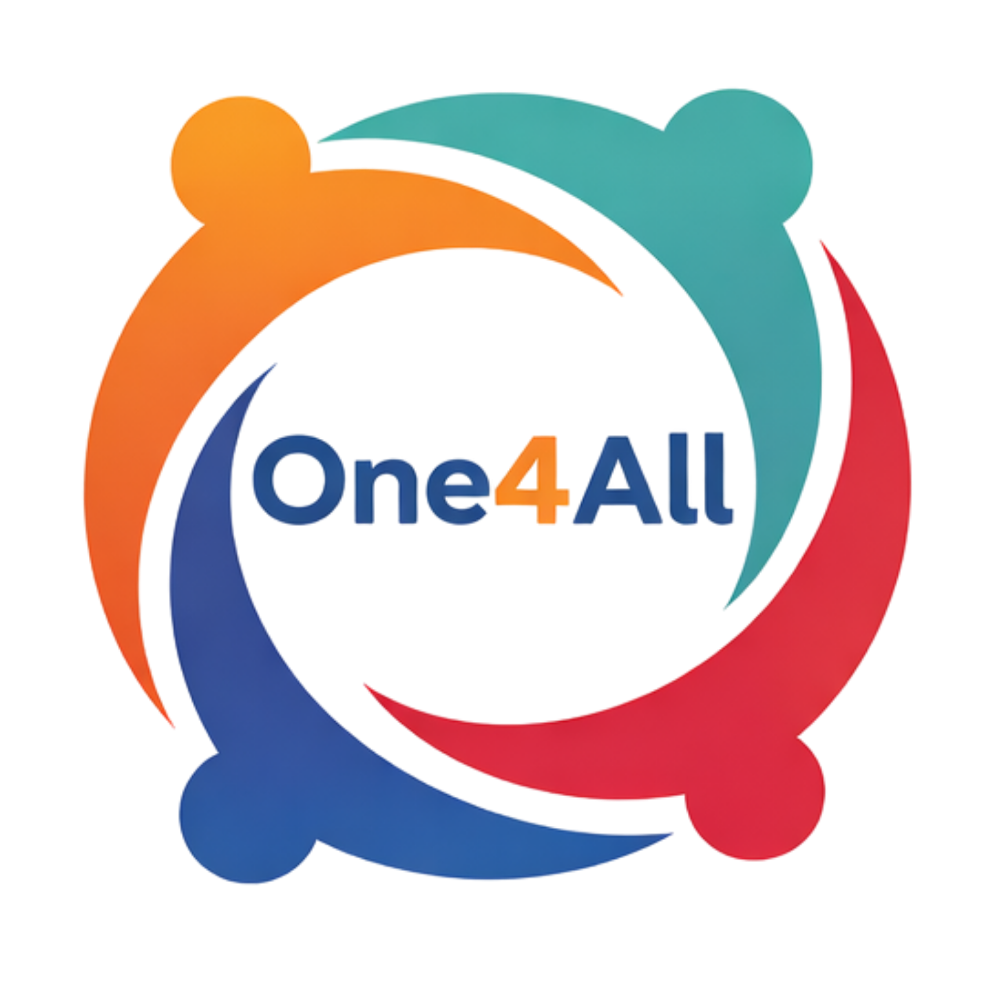 Colorful logo with four human-like figures in orange, teal, blue, and red forming a circle around the text 'One4All' in the center.