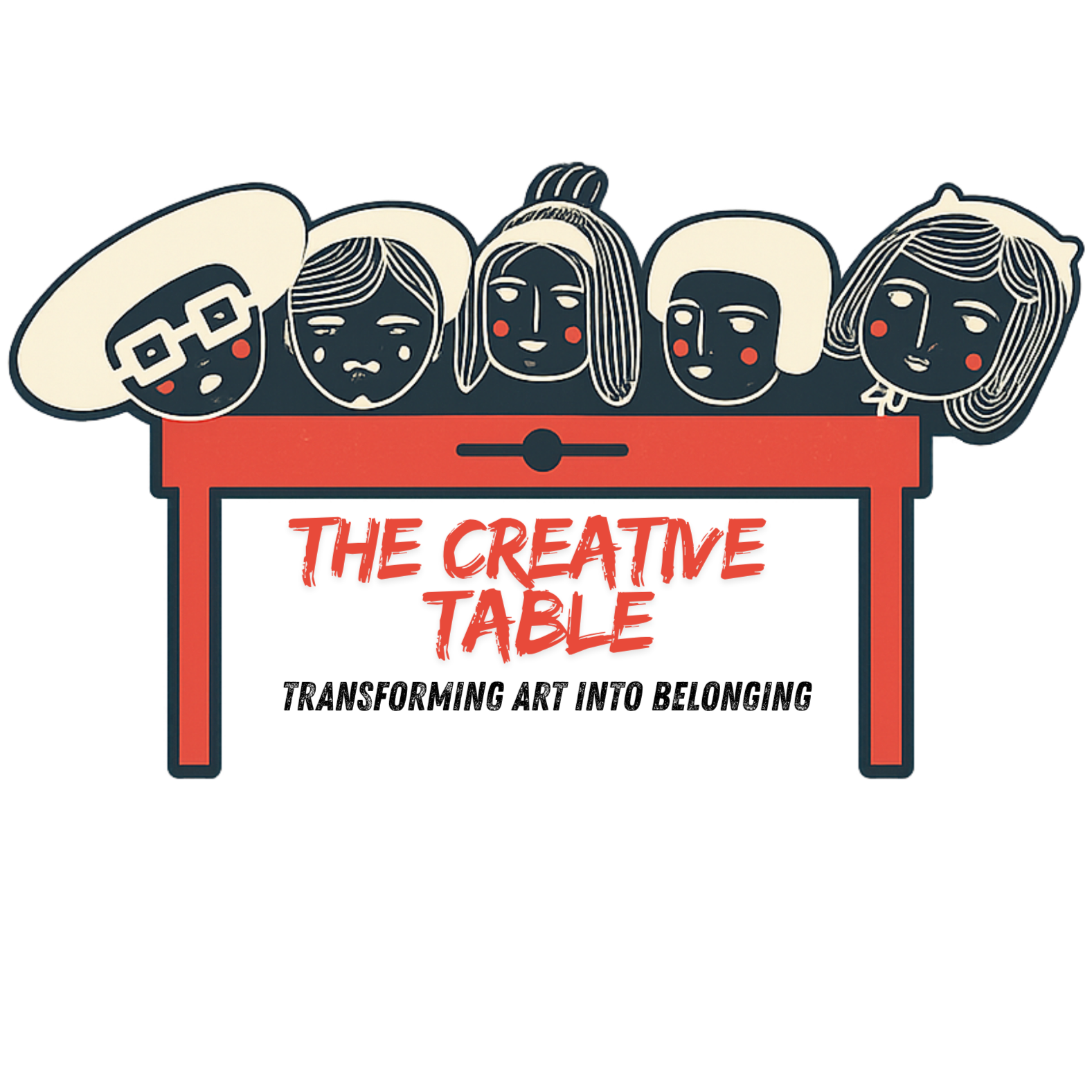A red table labeled "The Creative Table" with five illustrated faces of diverse individuals on top, each with different hairstyles and expressions.