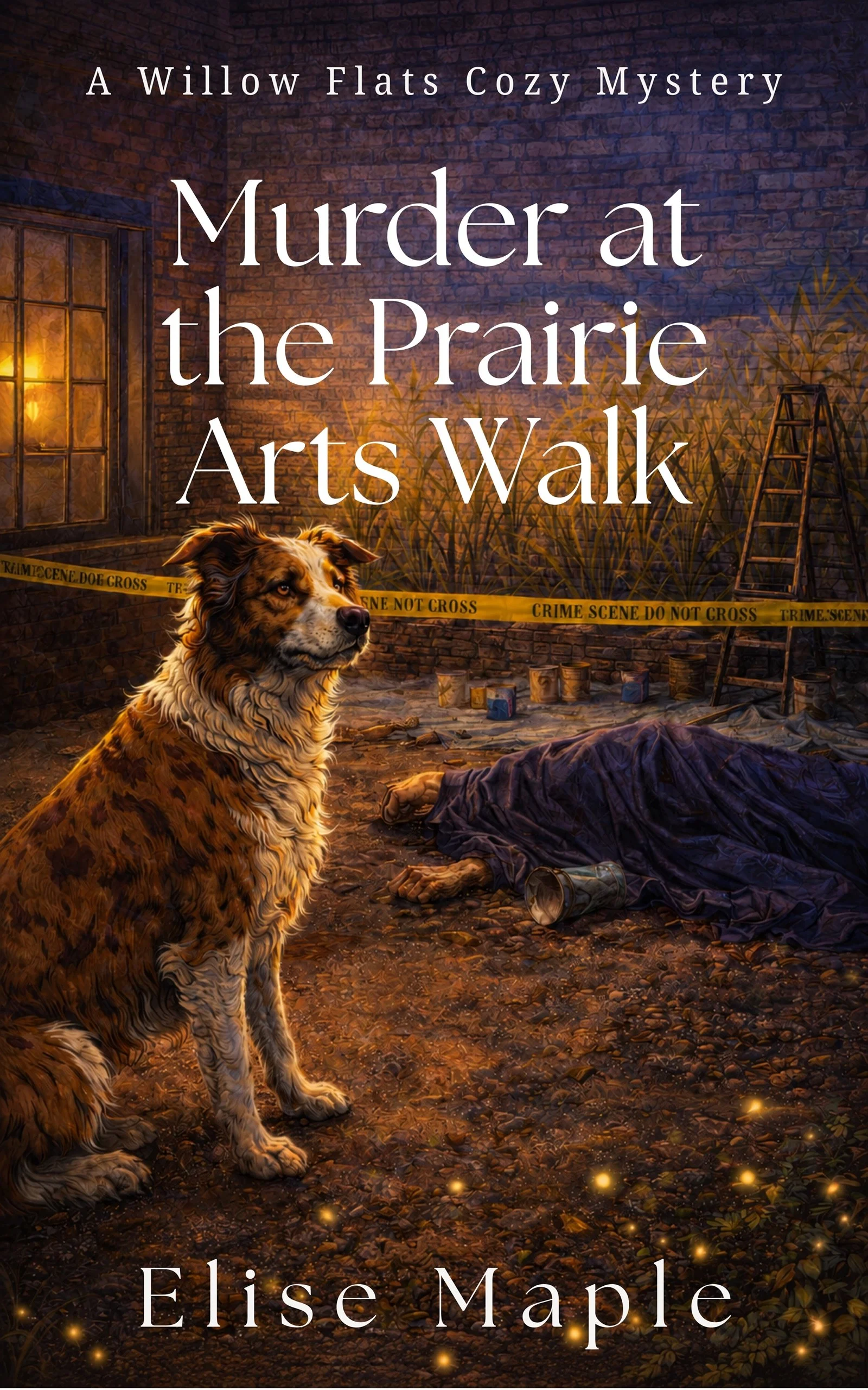 Book cover for 'Murder at the Prairie Arts Walk' by Elise Maple, featuring a scene of a police investigation with a dog and crime scene tape in front of a brick building illuminated by warm lighting.