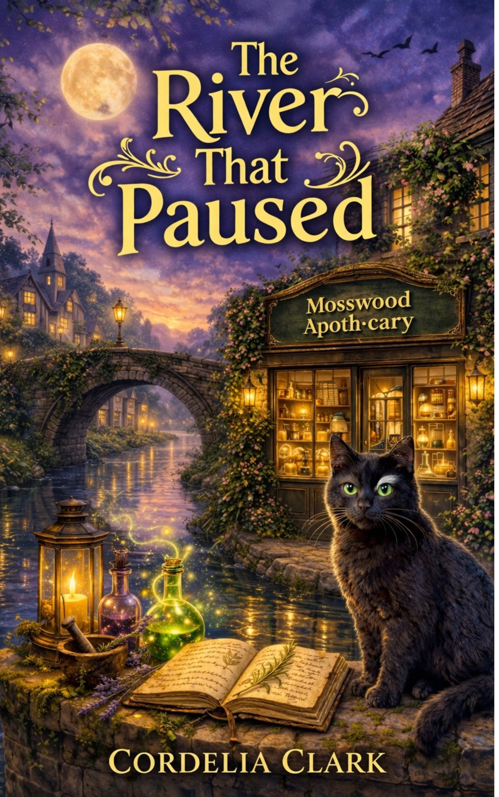 A fantasy book cover showing a nighttime scene by a river with a stone bridge, glowing lanterns, magical potion bottles, an open ancient book, a black cat with green eyes, and a purple starry sky with a full moon.
