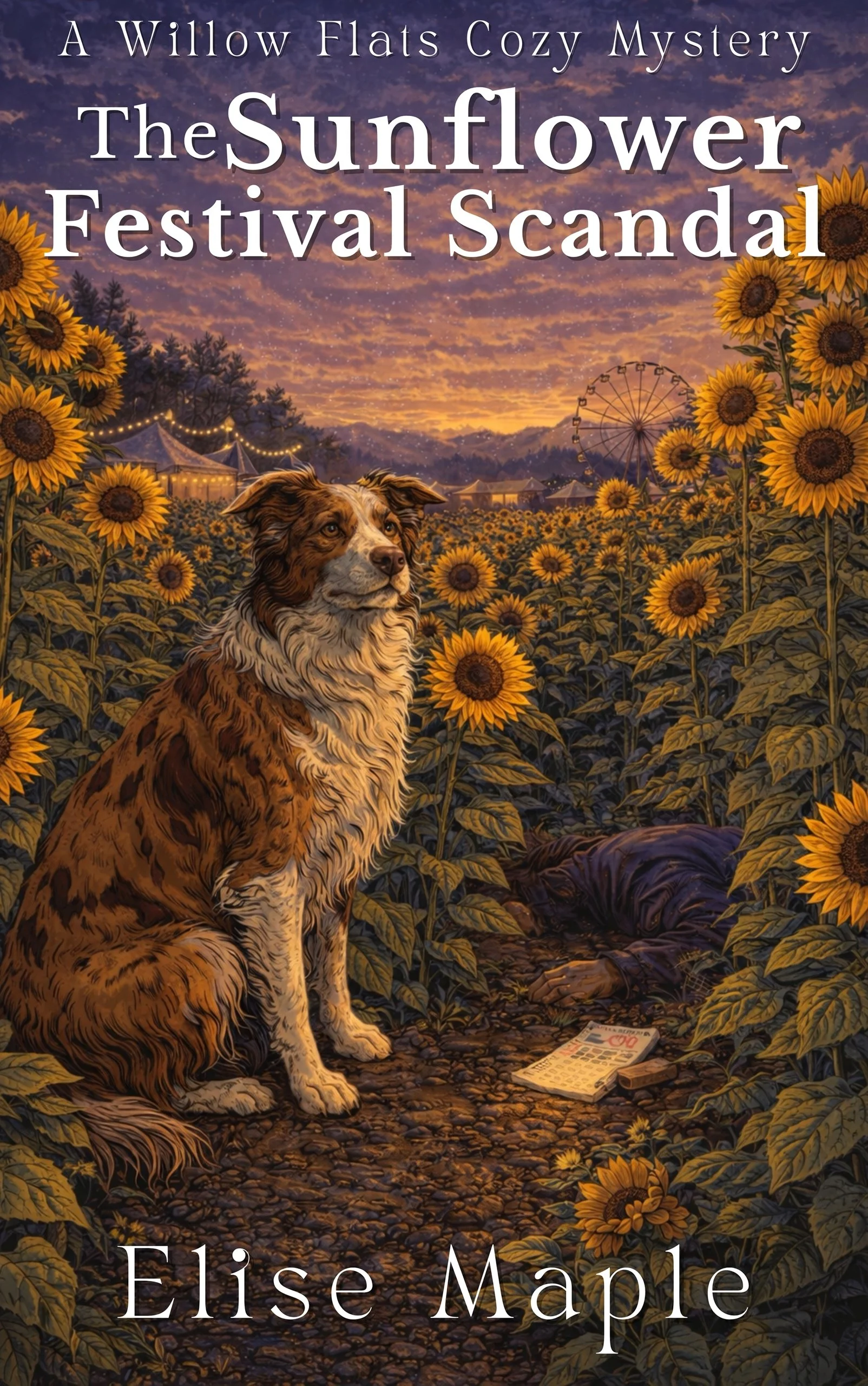 Book cover for 'The Sunflower Festival Scandal' by Elise Maple. Features a dog sitting in a sunflower field at sunset with a small carnival in the background.
