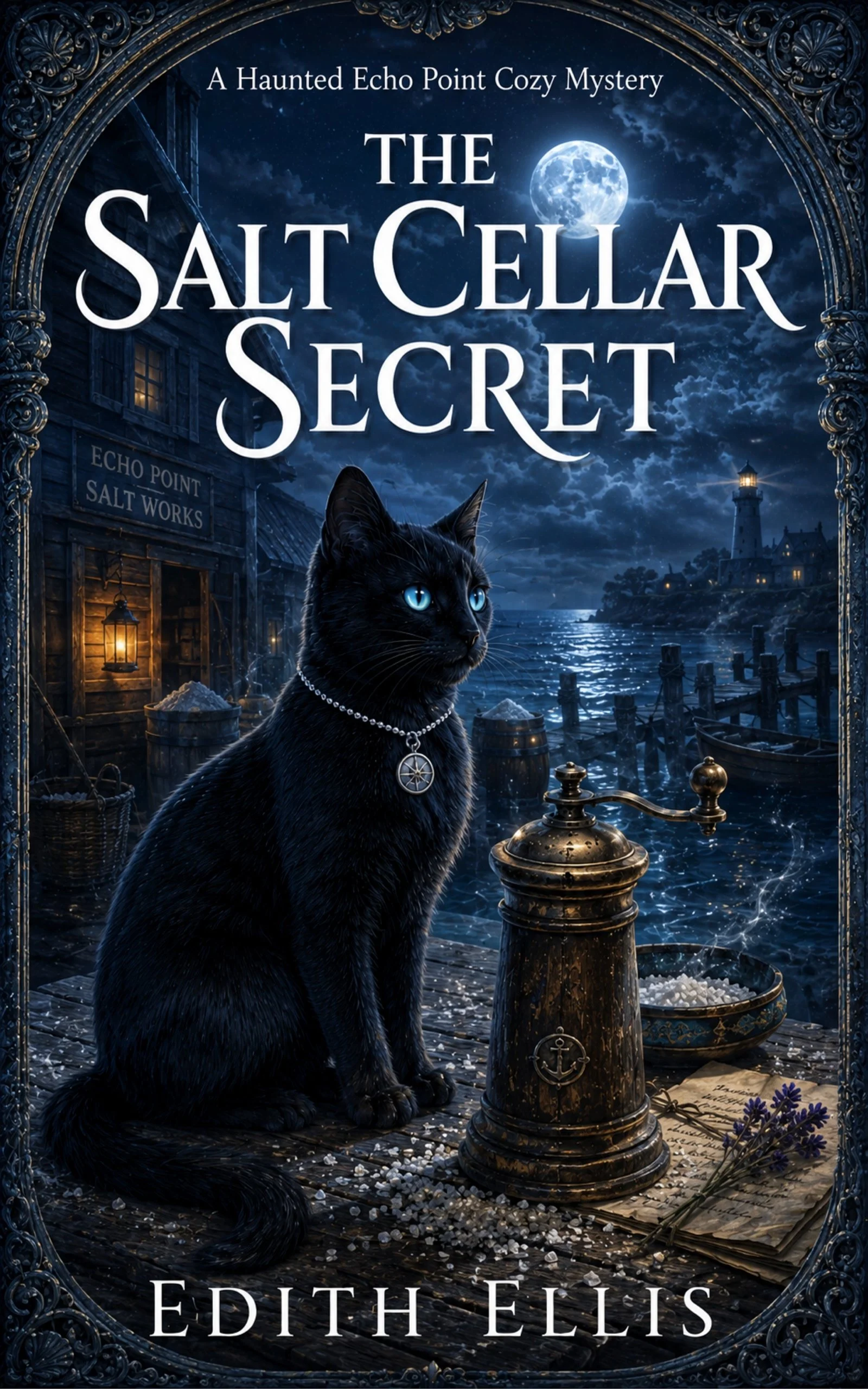 Book cover with a black cat wearing a pearl necklace and pendant, sitting on a dock by the water at night under a full moon, with a lighthouse, nautical objects, and handwritten notes around.