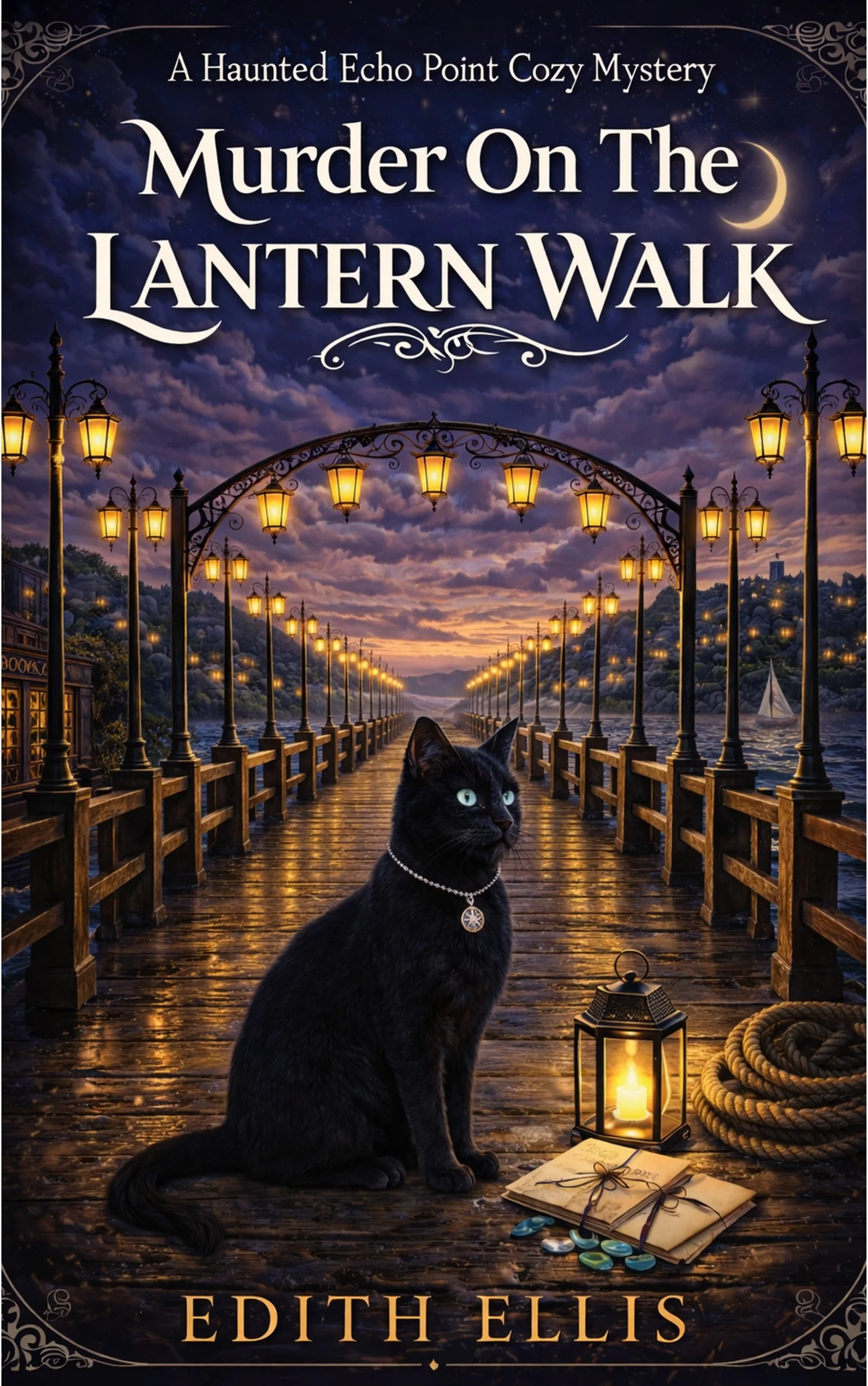 Book cover titled 'Murder on the Lantern Walk' by Edith Ellis. It depicts a moonlit walkway with street lamps, a black cat with green eyes and a pearl necklace sitting in the foreground, and a lantern with a lit candle, some books, and coins on the ground.